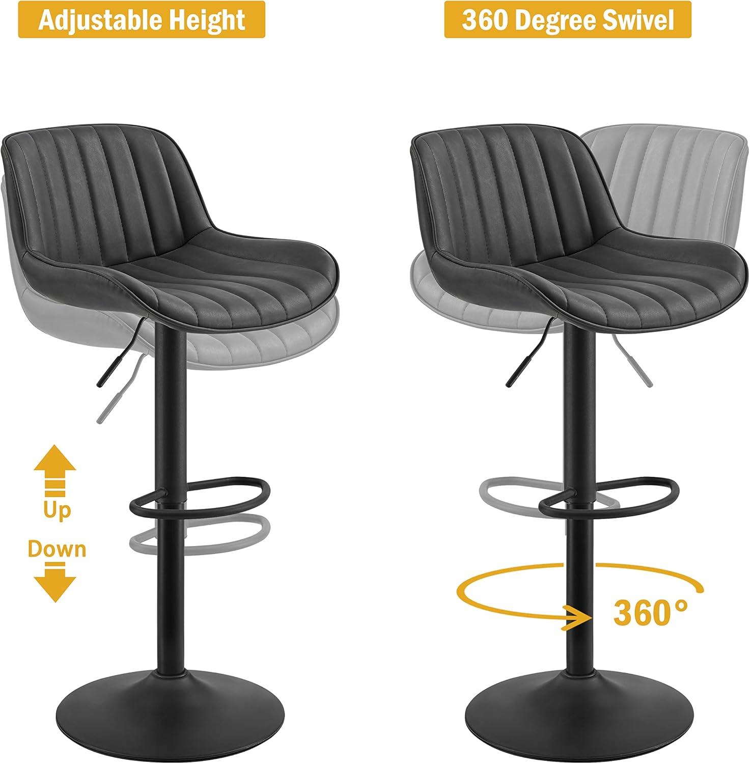 Art Leon Rustic Bar Stools Set of 2, Faux Leather with Backrest Chrome Legs, Upholstered Swivel Kitchen Stools, Black Brown