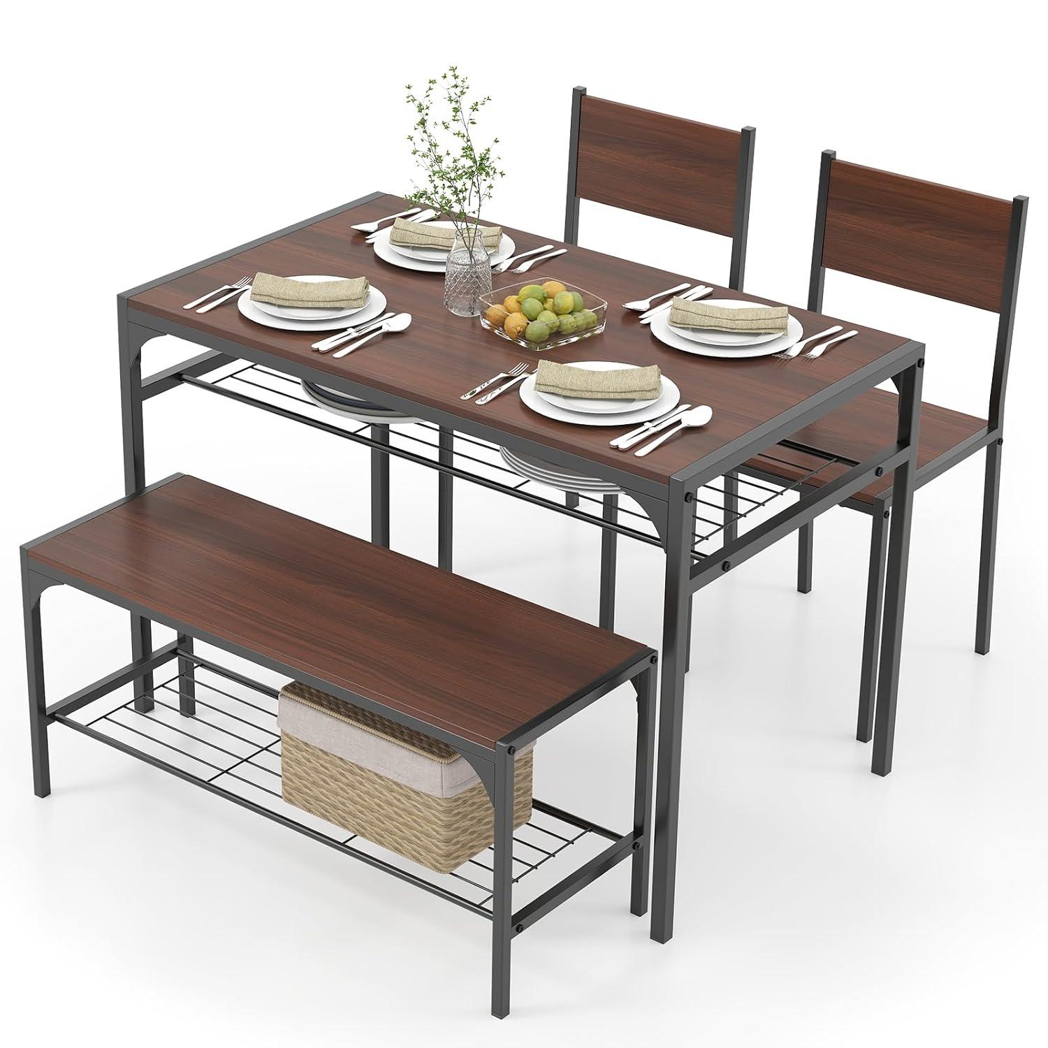 Costway 4pcs Dining Table Set Rustic Desk 2 Chairs & Bench w/ Storage Rack Brown