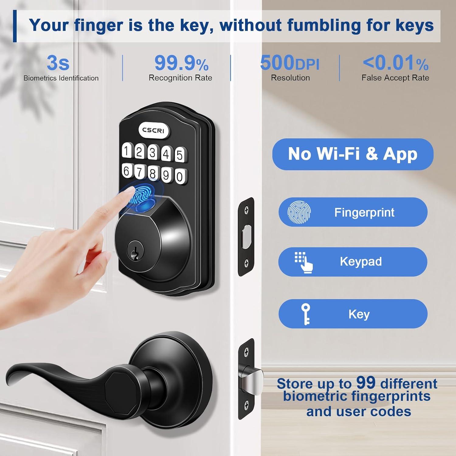 TEEHO Fingerprint Keyless Entry Door Lock, Electronic Smart Deadbolt with 2 Handles Knobs, Digital Doors Lock with Keypad Set, Easy Installation-Matte Black