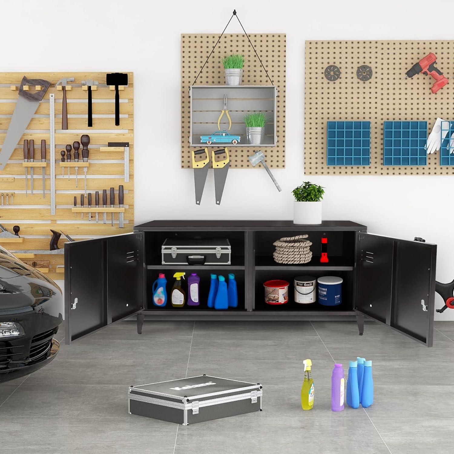 HOPUBUY Metal Storage Cabinet with Lock, Steel Locker Cabinet with Removable Shelves and 2 Locking Doors, Black Storage Cabinets for Home, Garage, Office, Bedroom