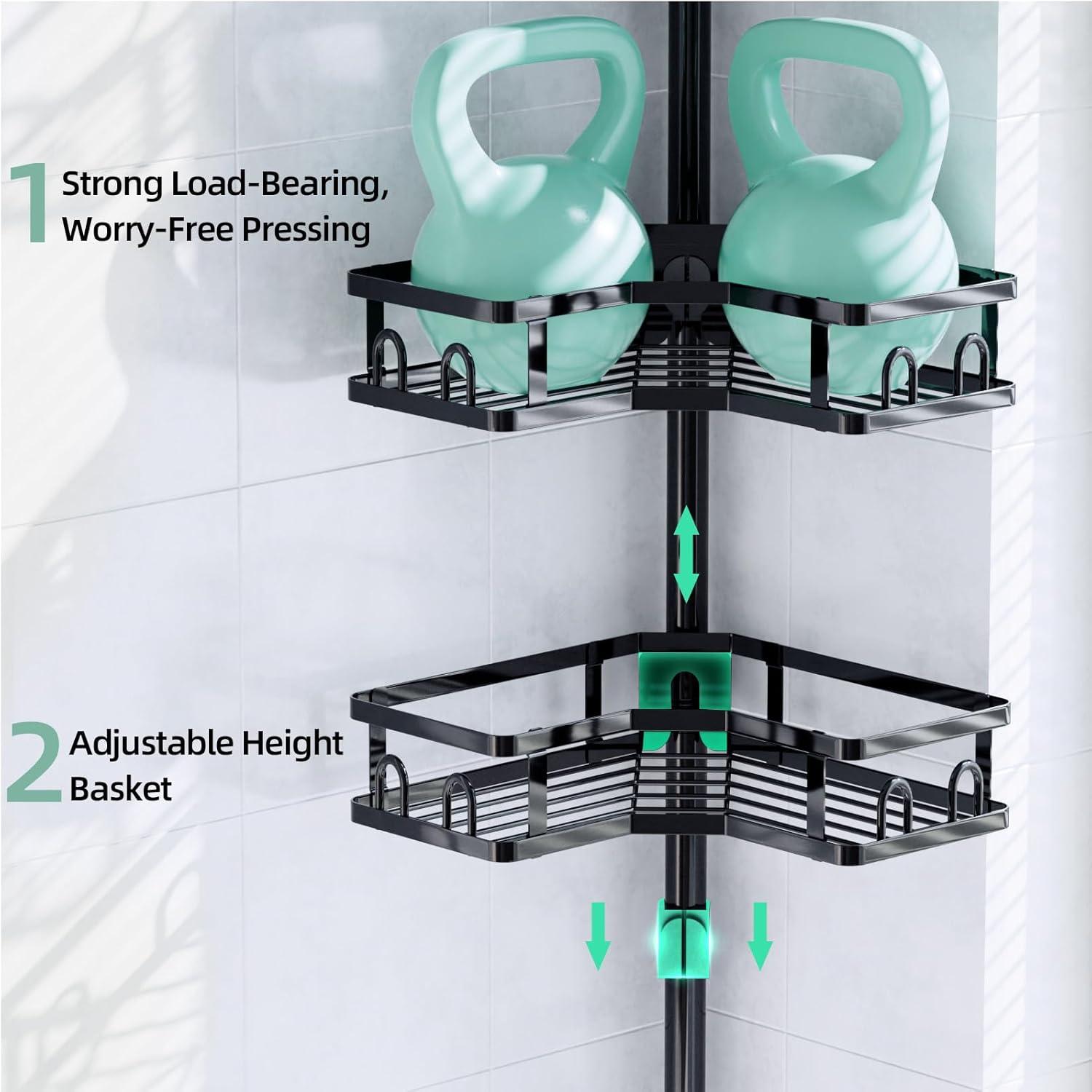 Corner Shower Caddy Tension Pole - 62-115INCH - 4-Tier Rustproof Bathroom Organizer Shelves, Adjustable Bathtub Tub Shampoo Storage