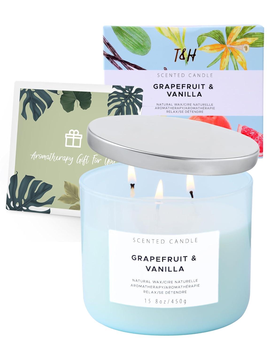 Grapefruit Vanilla Aromatherapy Candle 3 Wick Large Soy Scented Candles for Men and Women 15.8 Oz