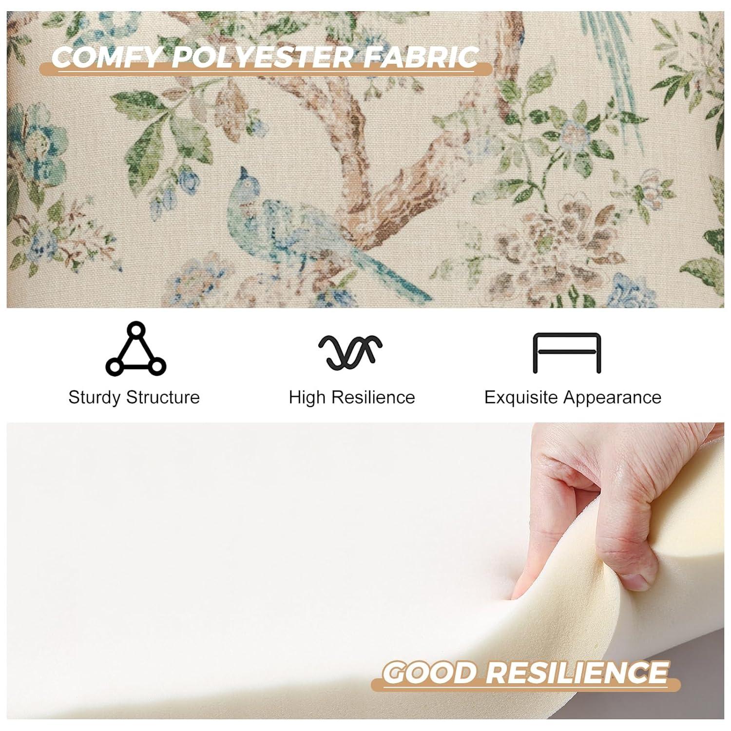 Beige Floral Pattern Wingback Accent Chairs with Wooden Legs