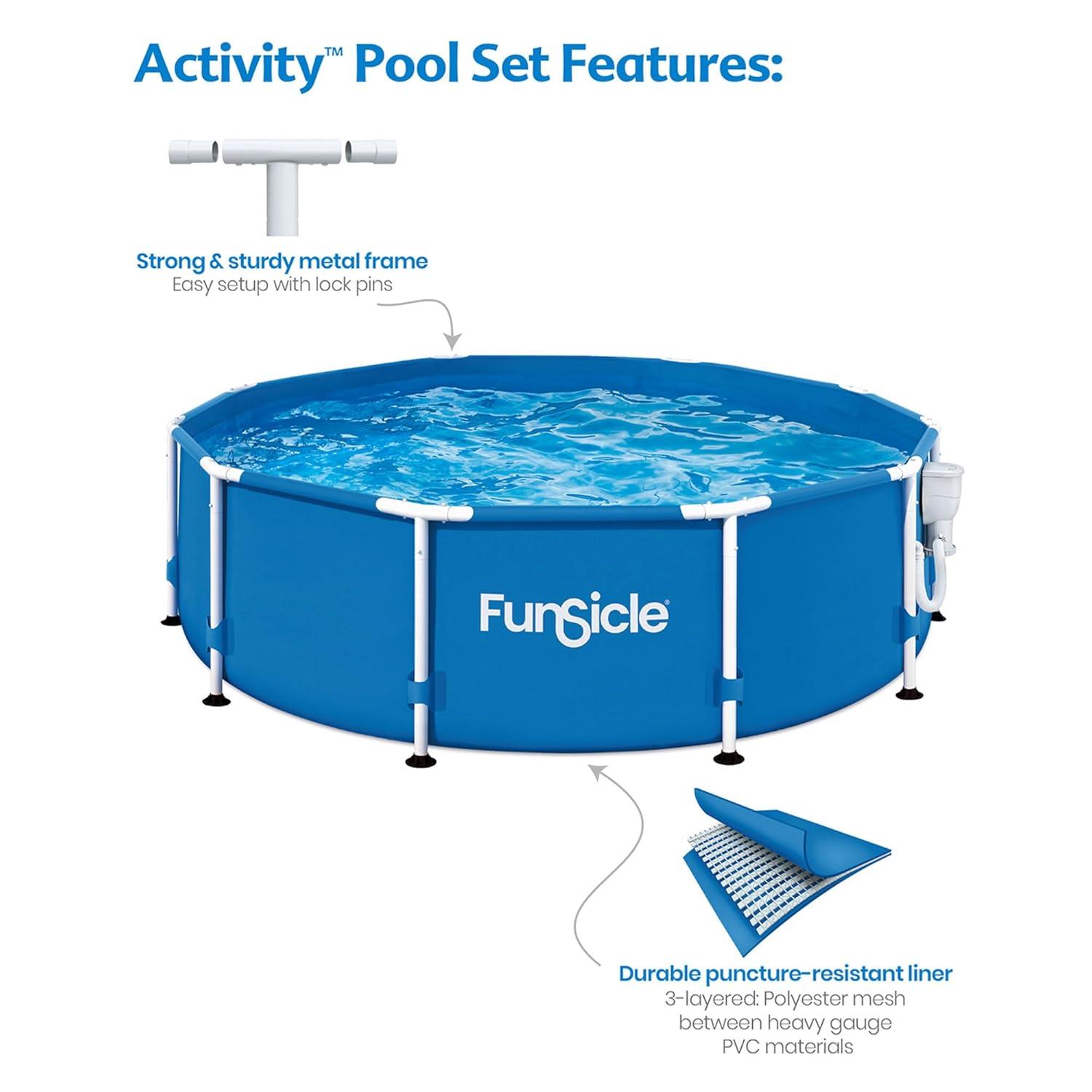 Funsicle 10' x 30" Outdoor Activity Round Metal Frame Above Ground Swimming Pool Set with 10' Secure Debris Pool Cover & SkimmerPlus Filter Pump, Blue