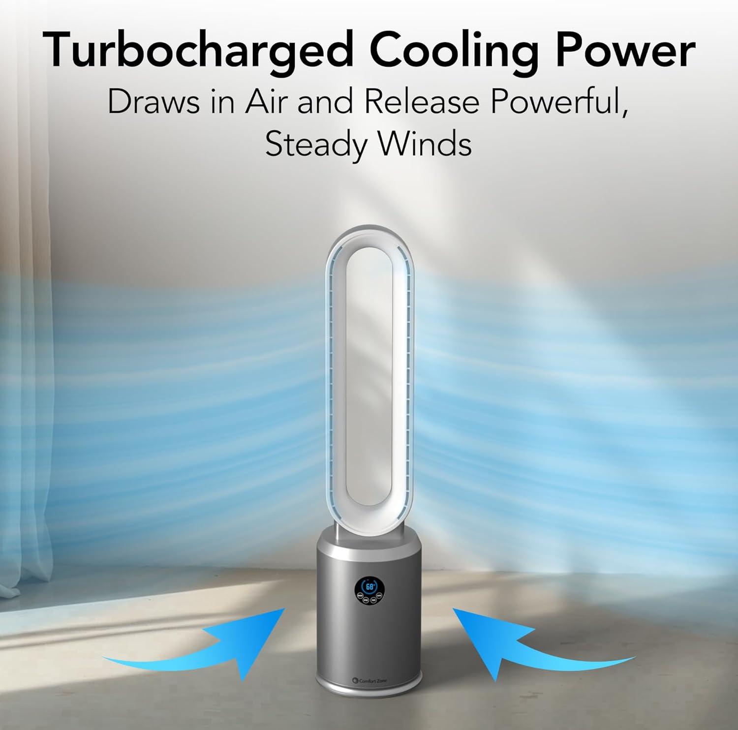 Comfort Zone 40" Bladeless Tower Fan with Remote Control, 9H Timer, Wide Area Oscillation, Push Button Digital Display, 3 Speeds, Silver