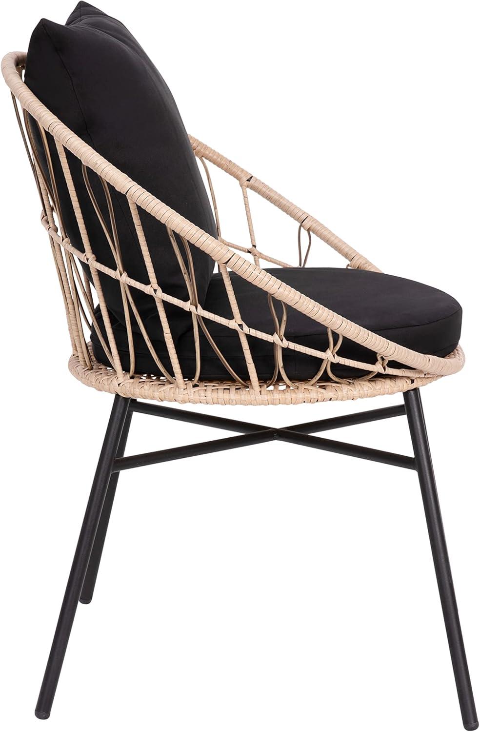 Taylor & Logan Fielder 3-Piece Tan Indoor/Outdoor Bistro Set with Papasan Style Rattan Rope Chairs, Glass Top Side Table & Black Cushions