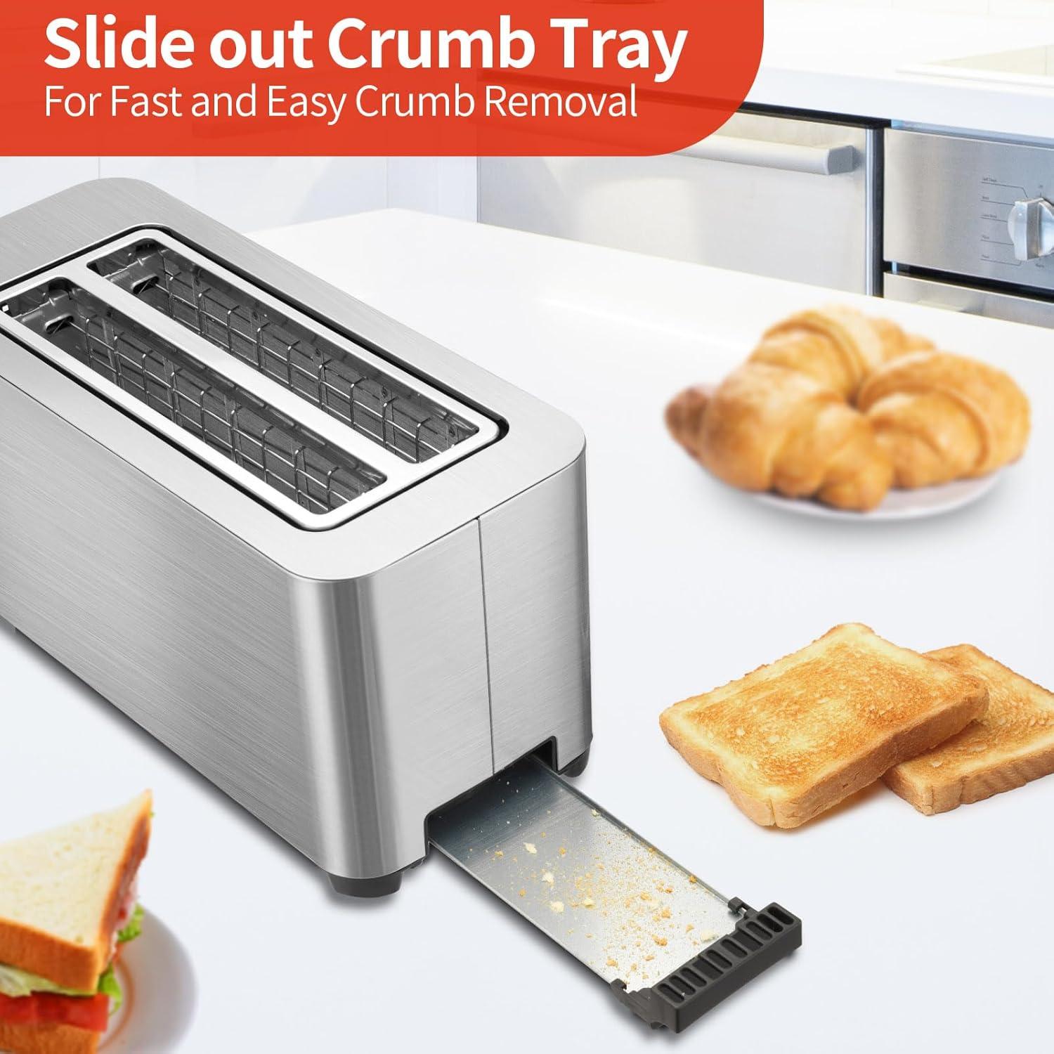 4 Slice Toaster with LED Timer Display, Stainless Steel Bread Toasters with Long Extra Wide Slots, 6 Bread Shade Settings, Bagel/Defrost/Cancel Function, Removable Crumb Tray, 120V/1300W