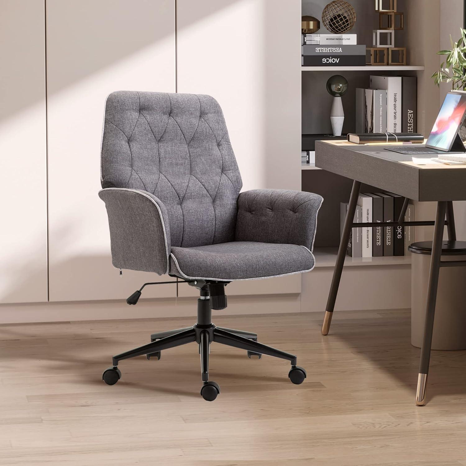 Elegant Mid-Back Gray Linen Swivel Task Chair with Metal & Wood Accents