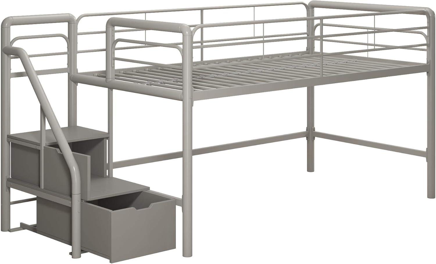 DHP Sol Junior Twin Metal Loft Bed with Storage Steps, Silver