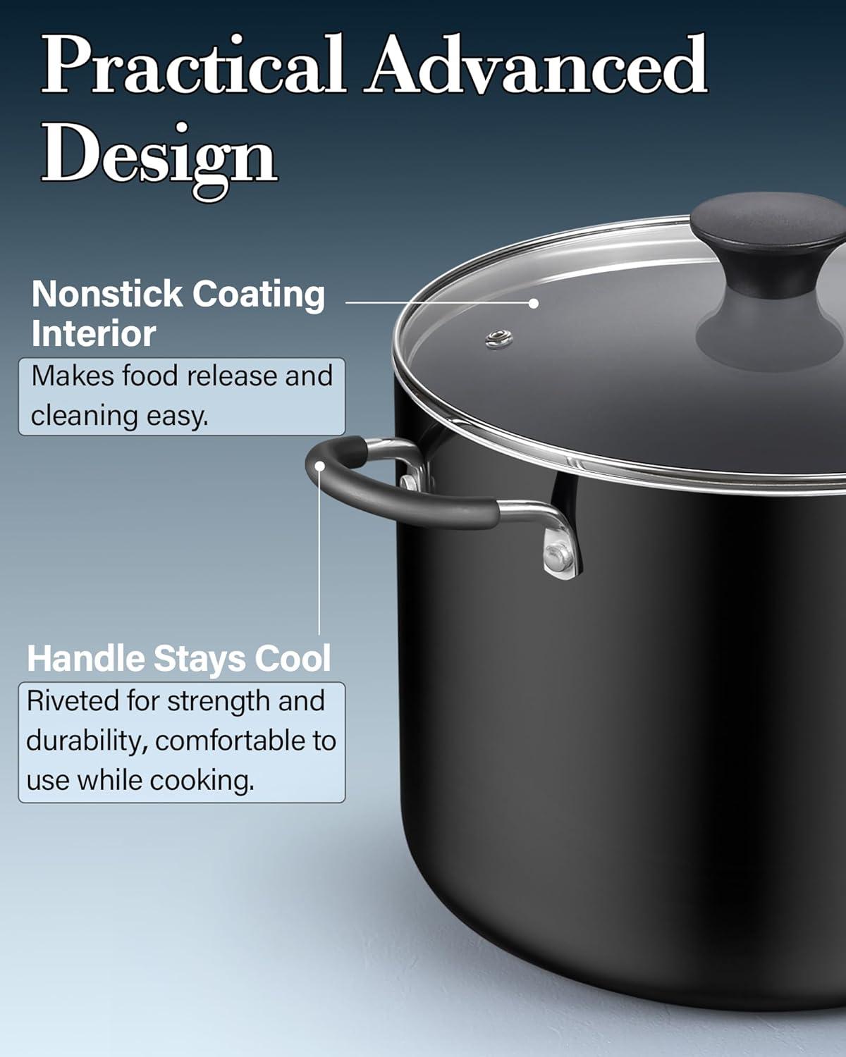 Farberware 10.5qt Aluminum Nonstick Covered Stockpot Black: Dishwasher-Safe, Electric & Gas Compatible Cooking Pot