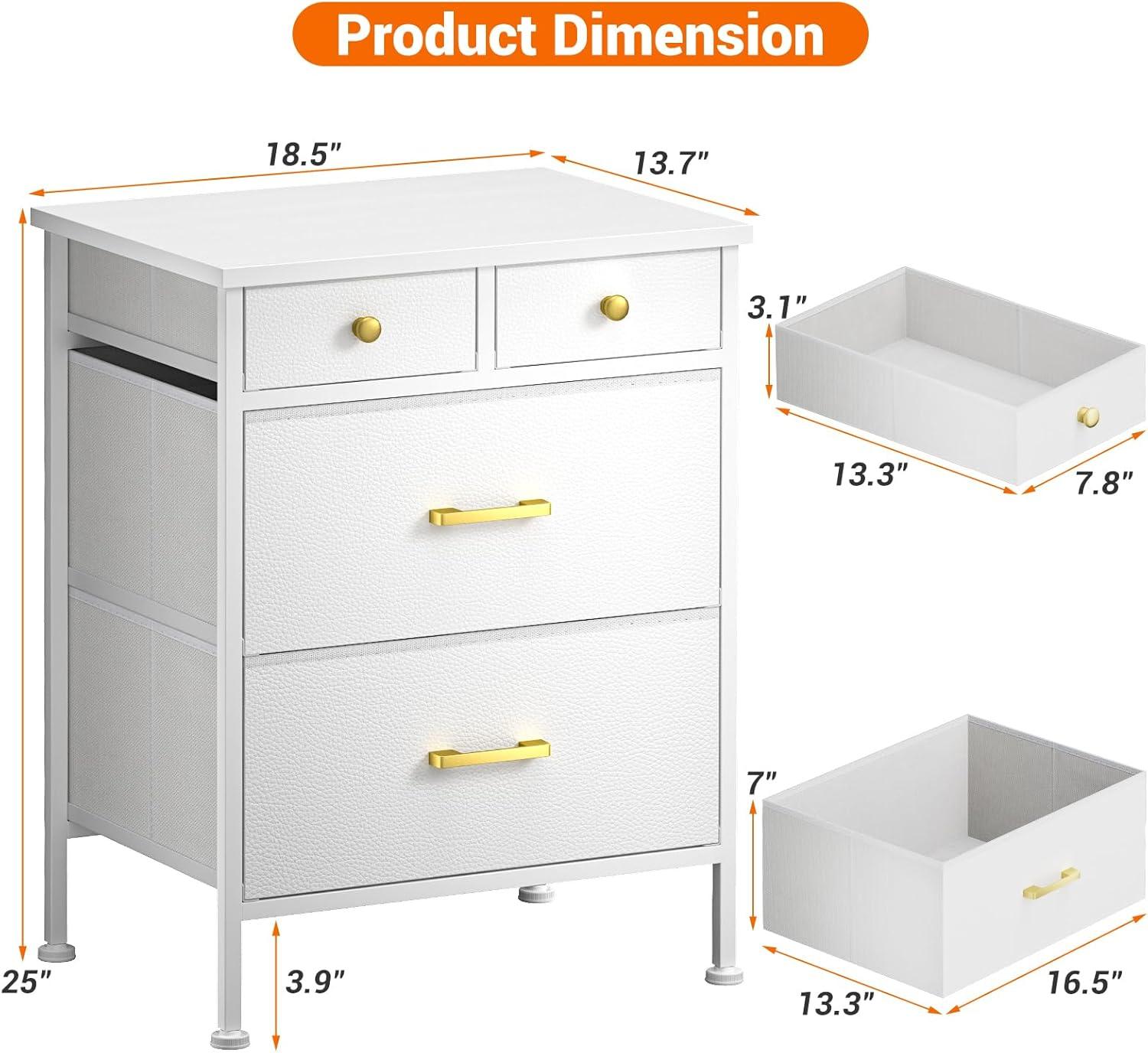 White Bedside Furniture, Small Dresser, Nightstand with 4 Fabric Drawers, Wood Top & Leather Finish, End Table for Bedroom, White