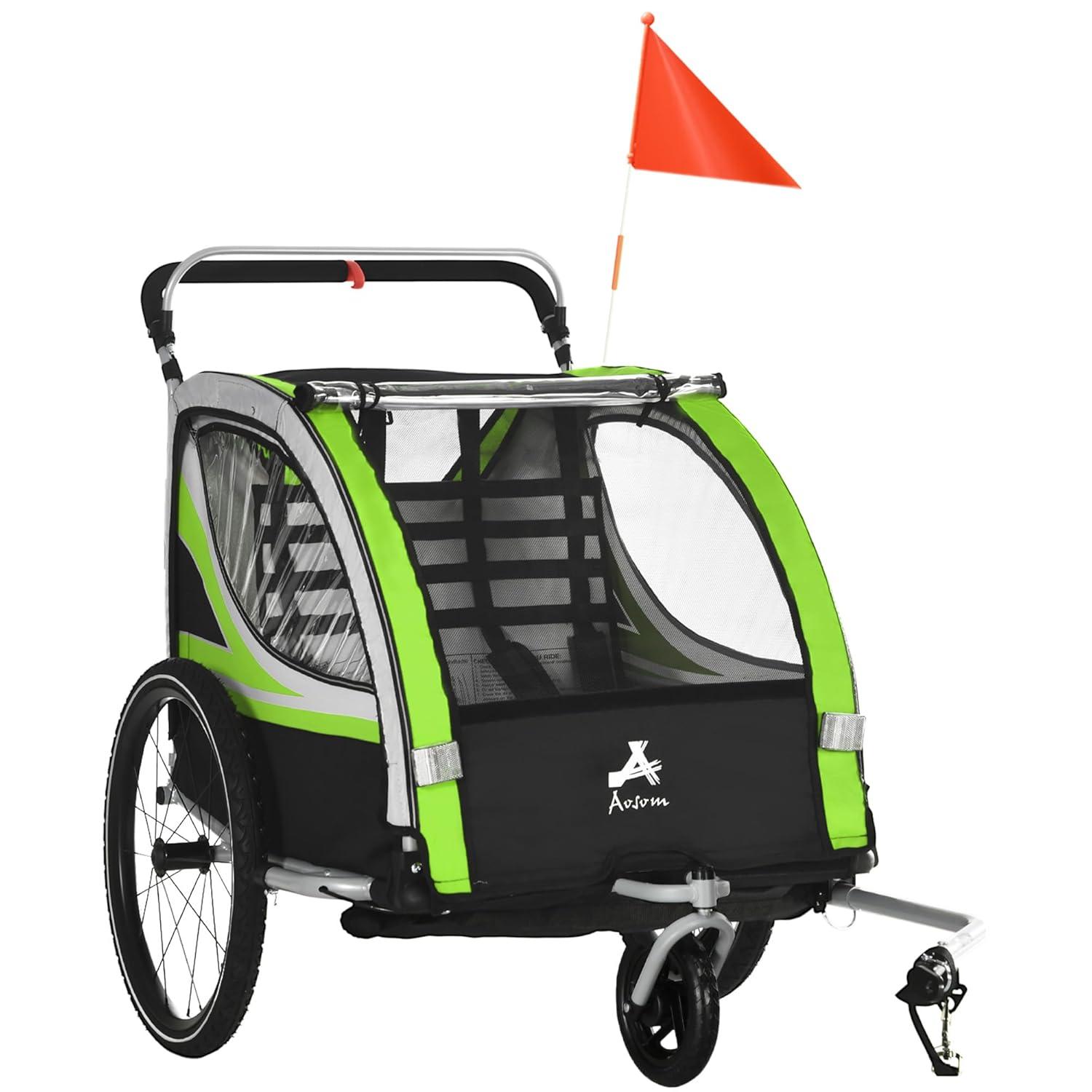 Aosom 2-in-1 Walk/Ride Child Baby Bike Trailer for Kids 2 Seater, High-Visibility Bike Stroller for Toddler Wagon, Weather-Strong Double Bicycle Trailer Accessory for Kids
