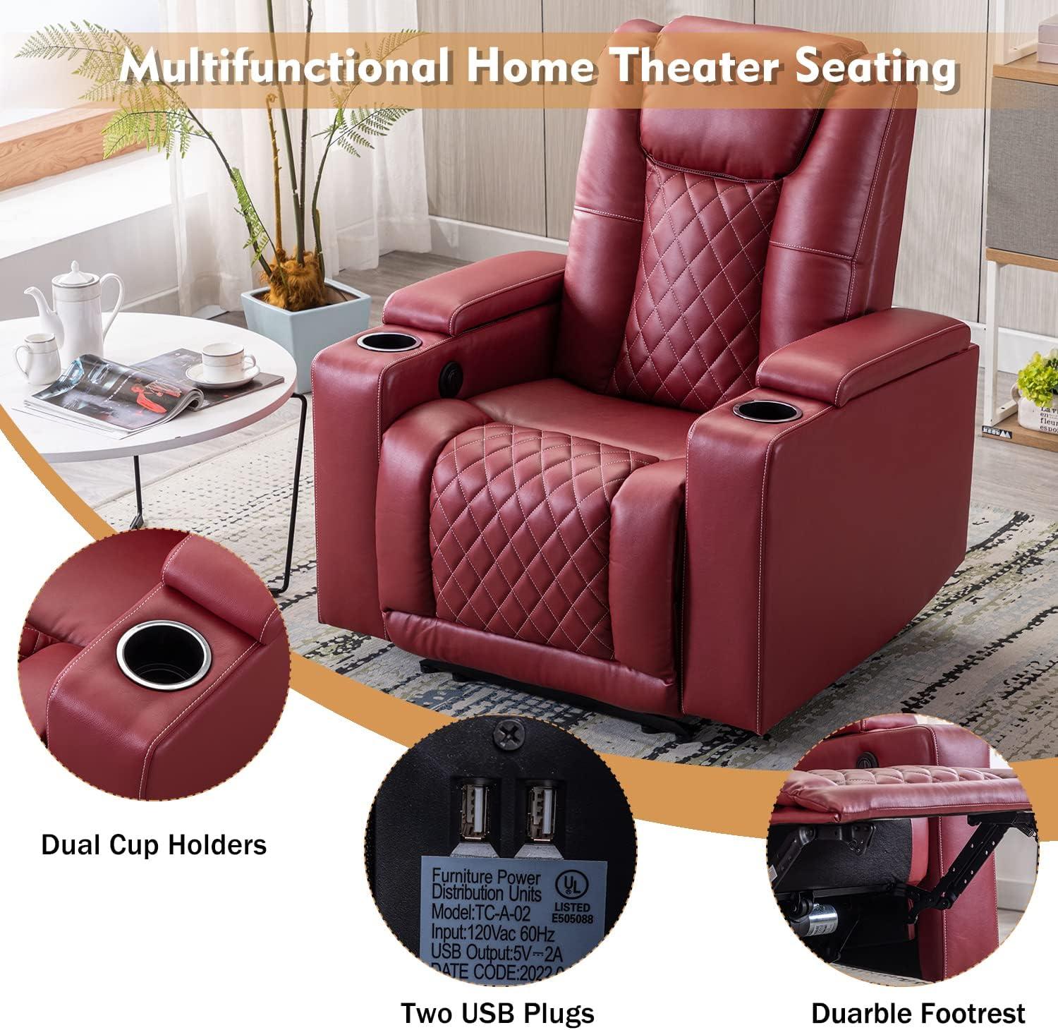 Bonzy Home Electric Power Recliner Chair Soft Air Breathable Leather Reclining for Adults with USB Ports and Cup Holders, Black Home Theater Seating with Hidden Arm Storage Movie & Media Room Chairs