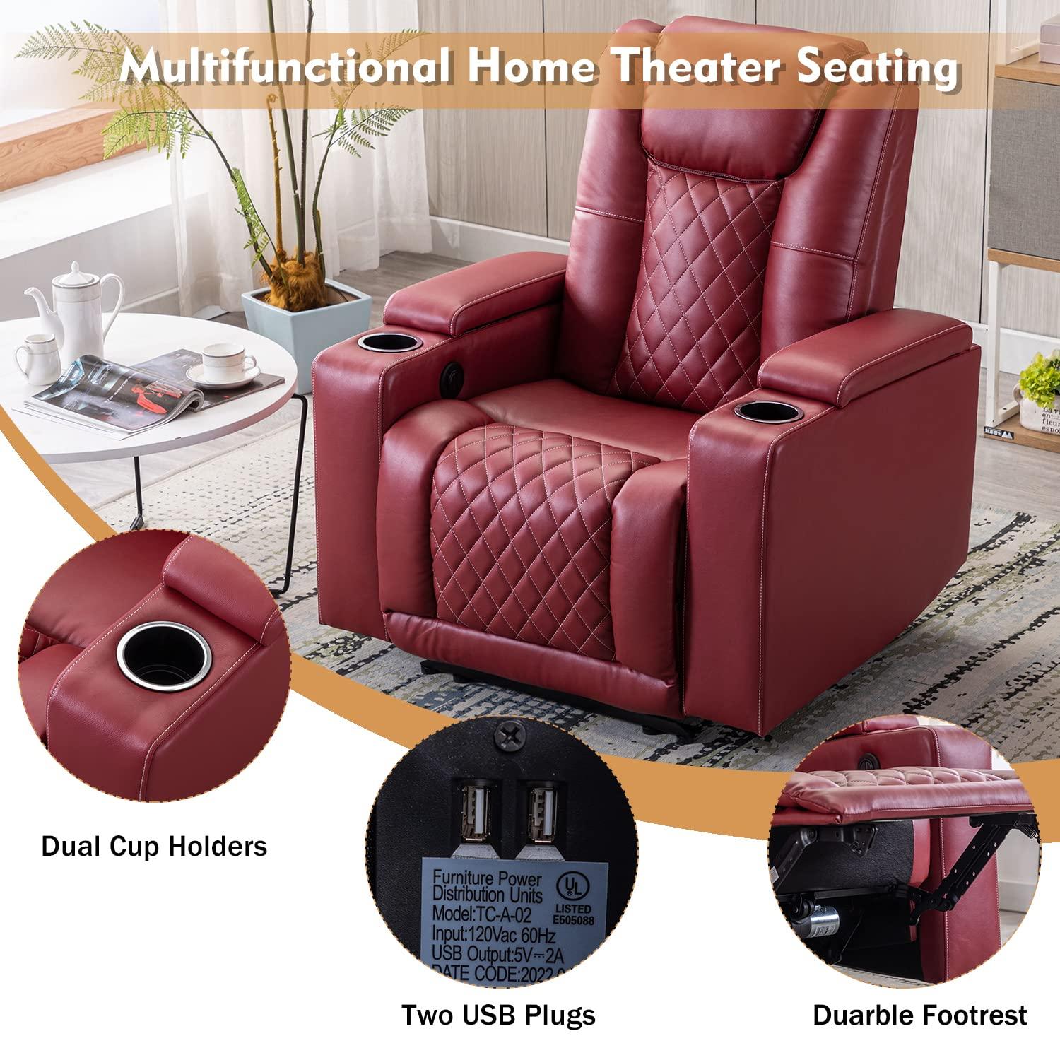 Bonzy Home Electric Power Recliner Chair Soft Air Breathable Leather Reclining for Adults with USB Ports and Cup Holders, Black Home Theater Seating with Hidden Arm Storage Movie & Media Room Chairs
