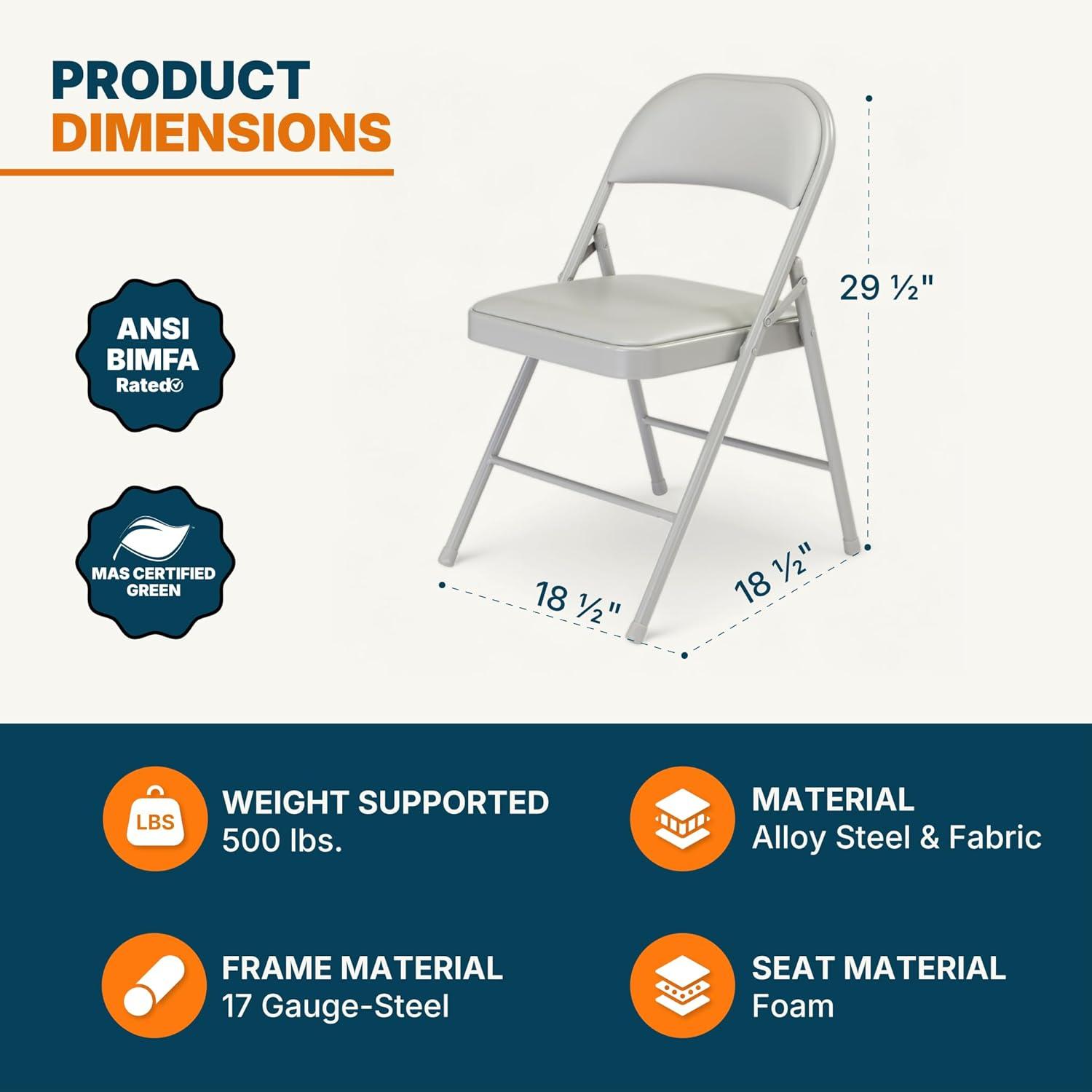 Folding Chairs with Padded Cushion and Back, 4pcs Potable Iron & PVC Durable Chairs for Indoor and Outdoor, School, Office and Garden Party, Gray