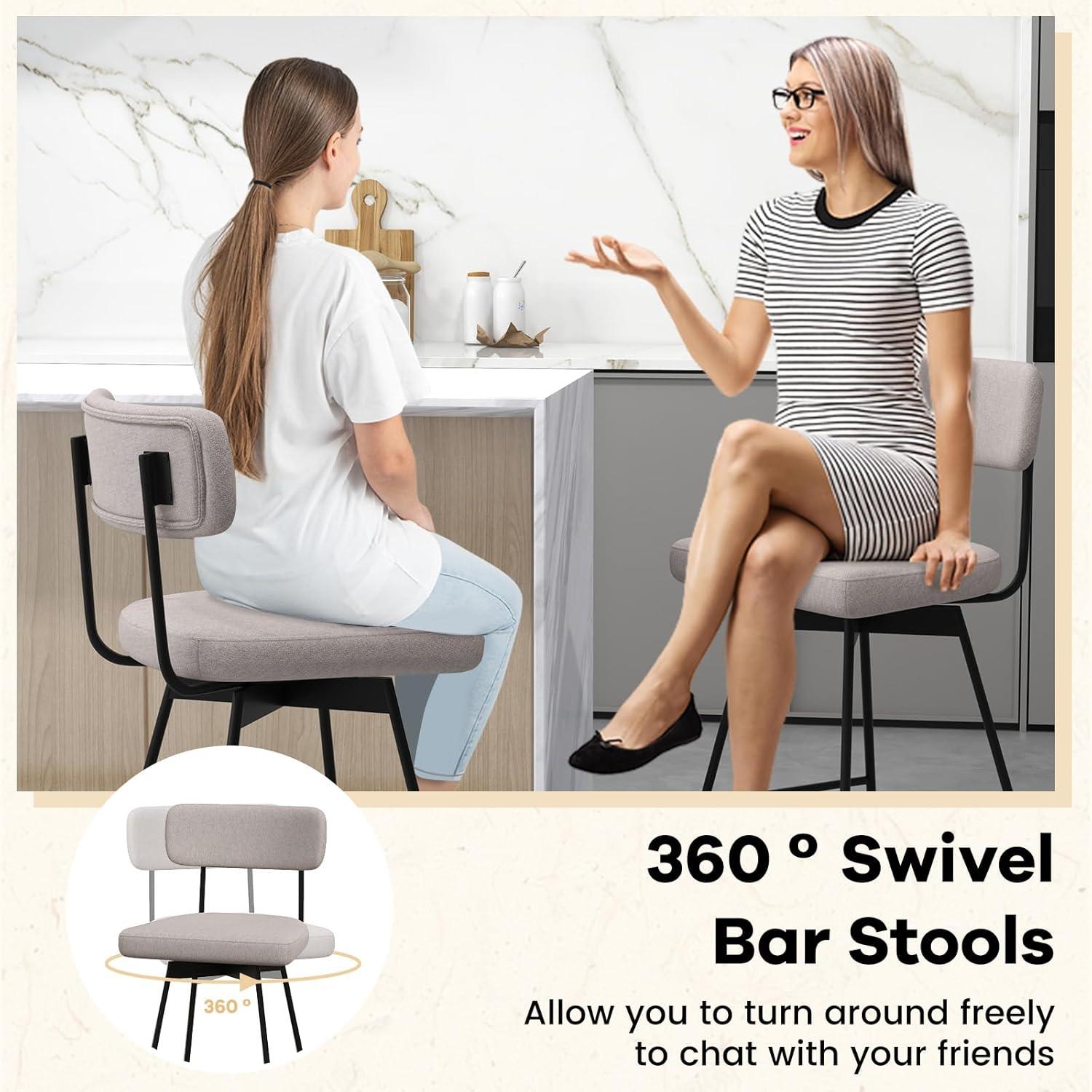 Drevy Bar Stools Set of 2, 25” Upholstered Counter Height Bar Stools with Back, 360° Swivel Dining Chairs with Heavy-Duty Metal Legs and Footrests, for Kitchen Island, Dining Room, Bar (2, Beige)