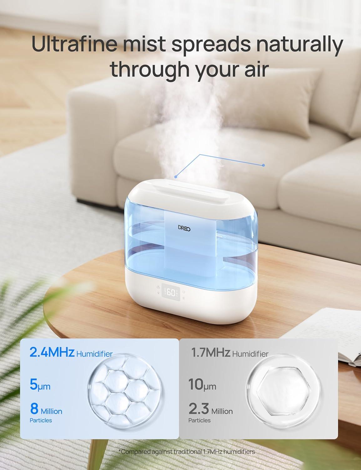 Dreo Humidifiers for Bedroom, Top Fill 4L Supersized Cool Mist Humidifier with Oil Diffuser and Nightlight, 32H Runtime, Quiet Ultrasonic Humidifiers for Home, Large Room, Baby Nursery and Plants