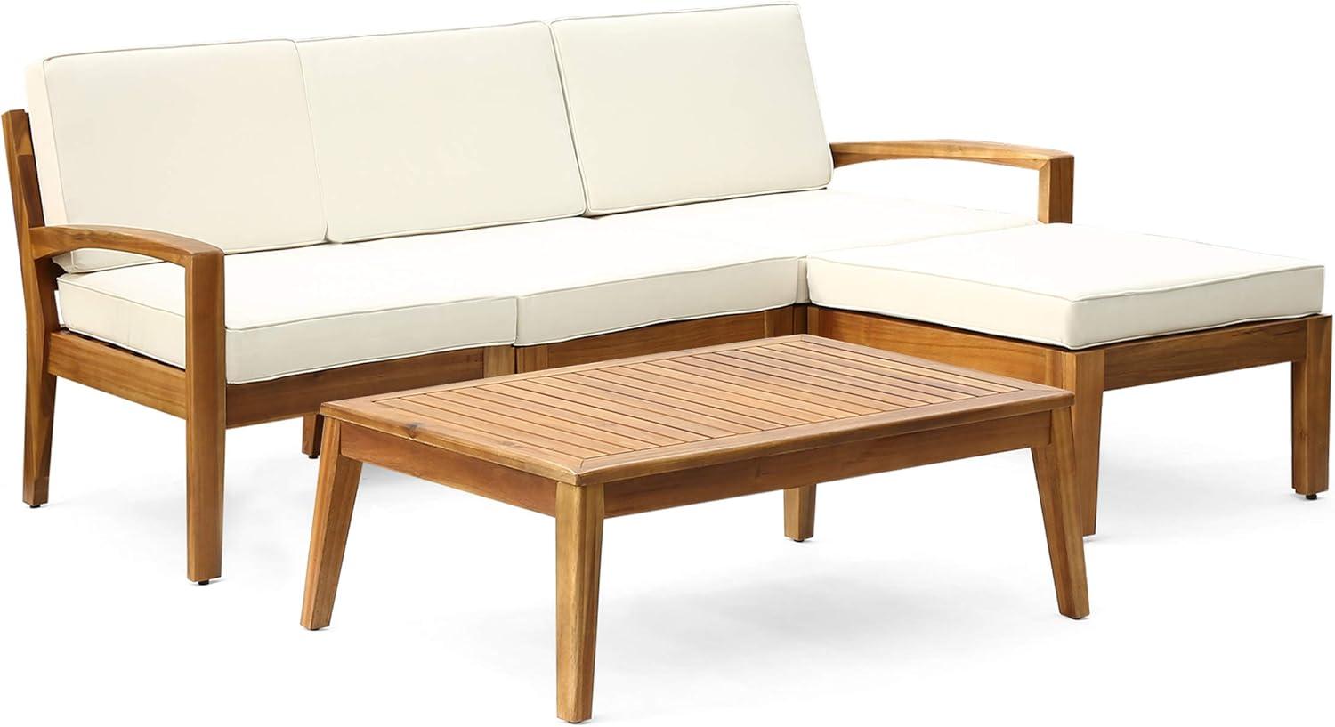 GDF Studio Parma Outdoor Acacia Wood 3 Seater Sectional Sofa Set with Ottoman, Teak and Beige