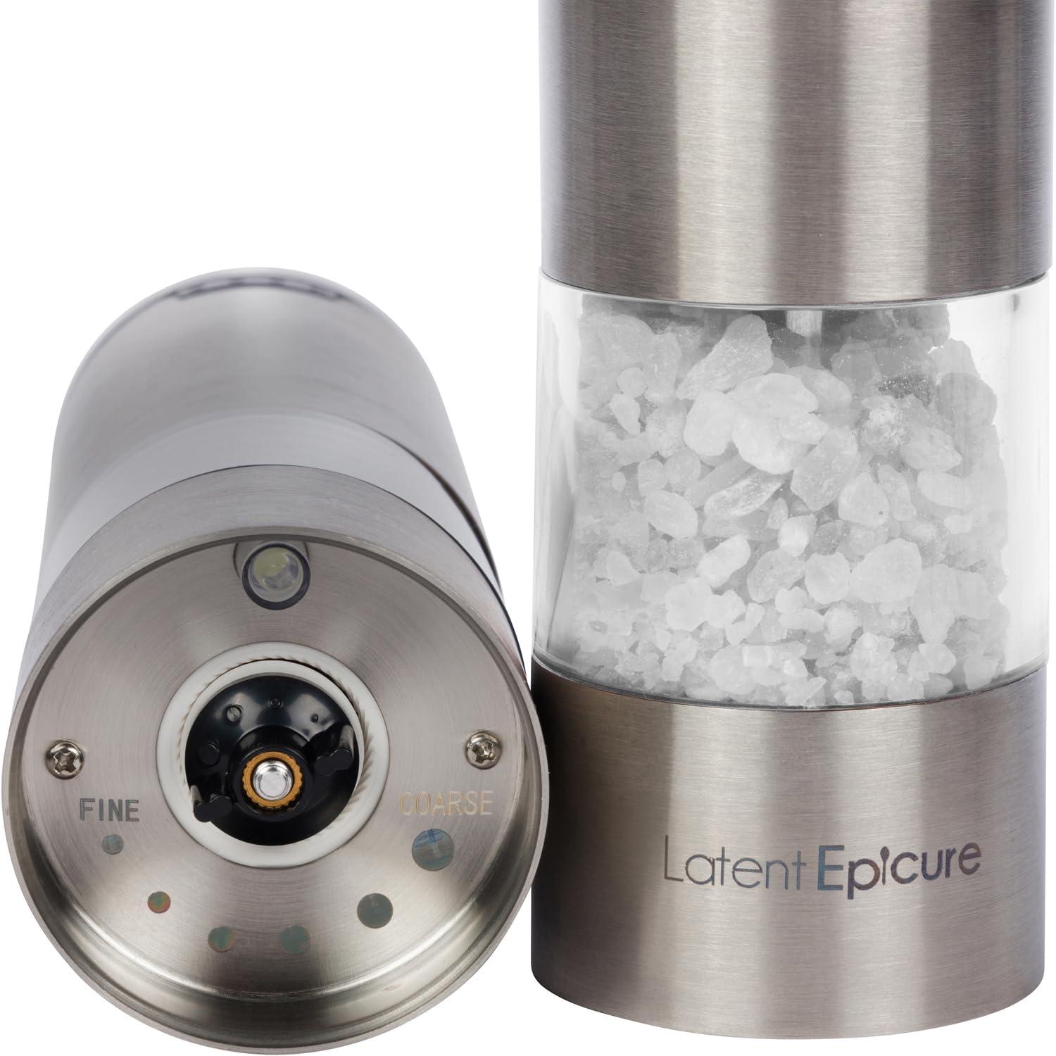 Electric Salt and Pepper Grinder Set - Battery Operated, Stainless Steel Shakers with Adjustable Fine & Coarseness, One Handed Operation, LED Light & Complimentary Mill Rest Tray