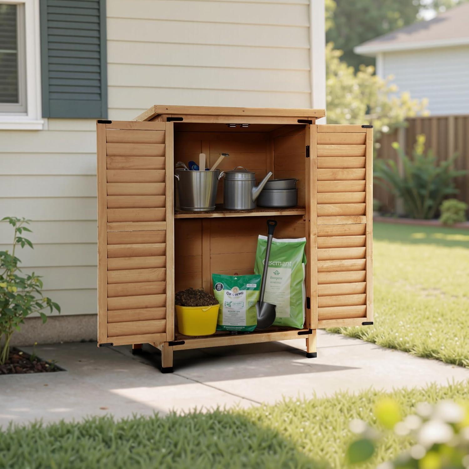 24.6 in. W x 18 in. D Outdoor Wood Storage Cabinet，Garden Wooden Tool Shed with Double Doors