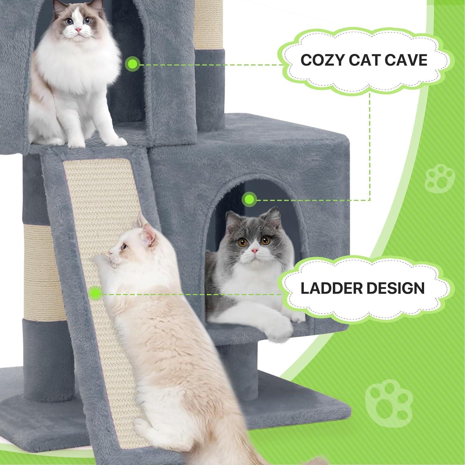 Magshion 34-in Cat Tree & Kittens Play House, Double Level Plush Cat Condo for Indoor Cats, Light Gray