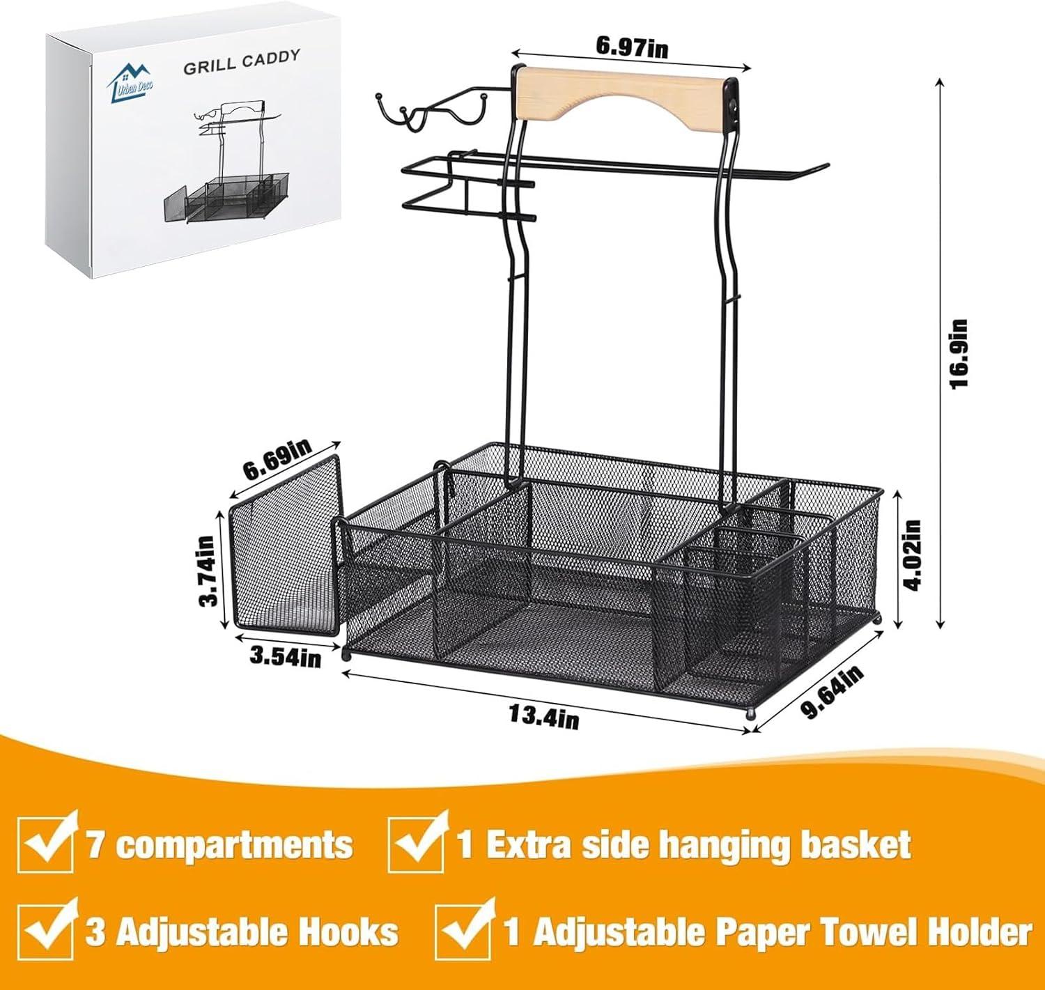 URBAN DECO  Grill Caddy and BBQ Caddy with Paper Towel Holder, Picnic Condiment Utensil Caddy for Outdoor Camping,  Ideal Storage Organizer for Barbecue Accessories Griddle Grilling Tool
