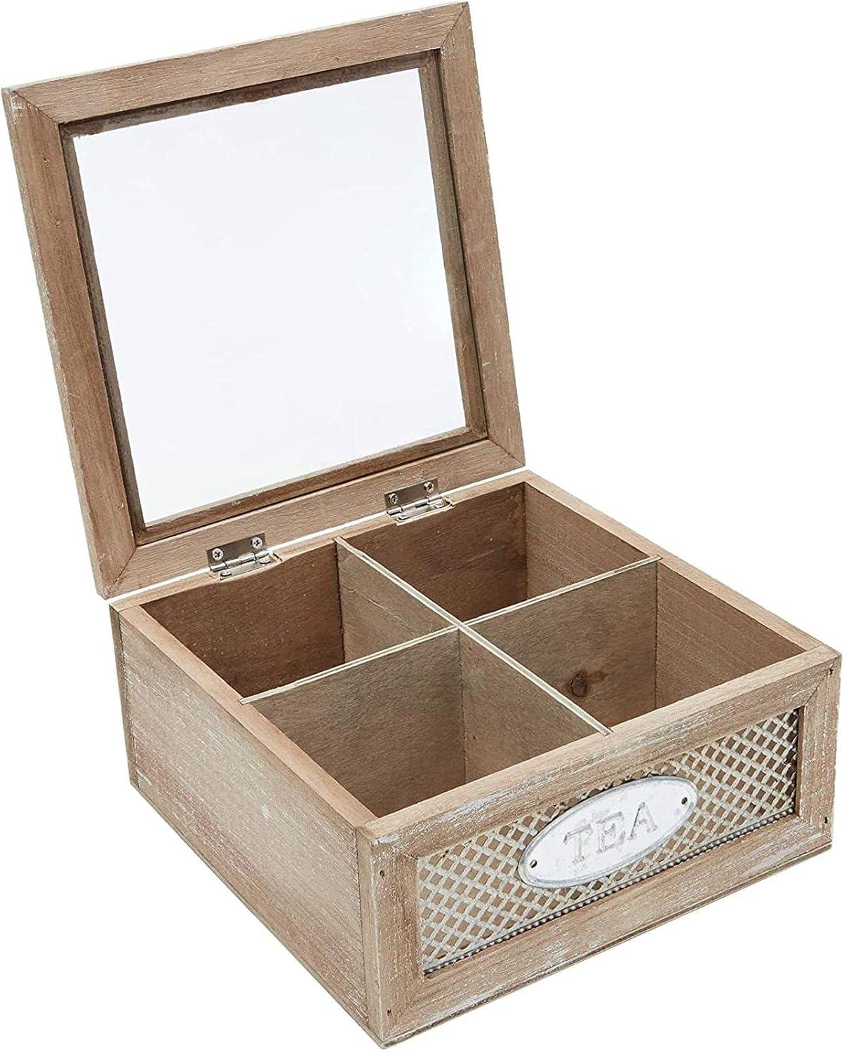 Juvale Wooden Box for Tea Bags Organizer, Rustic 4-Compartment Container with Clear Lid, 7 x 7 x 3 In