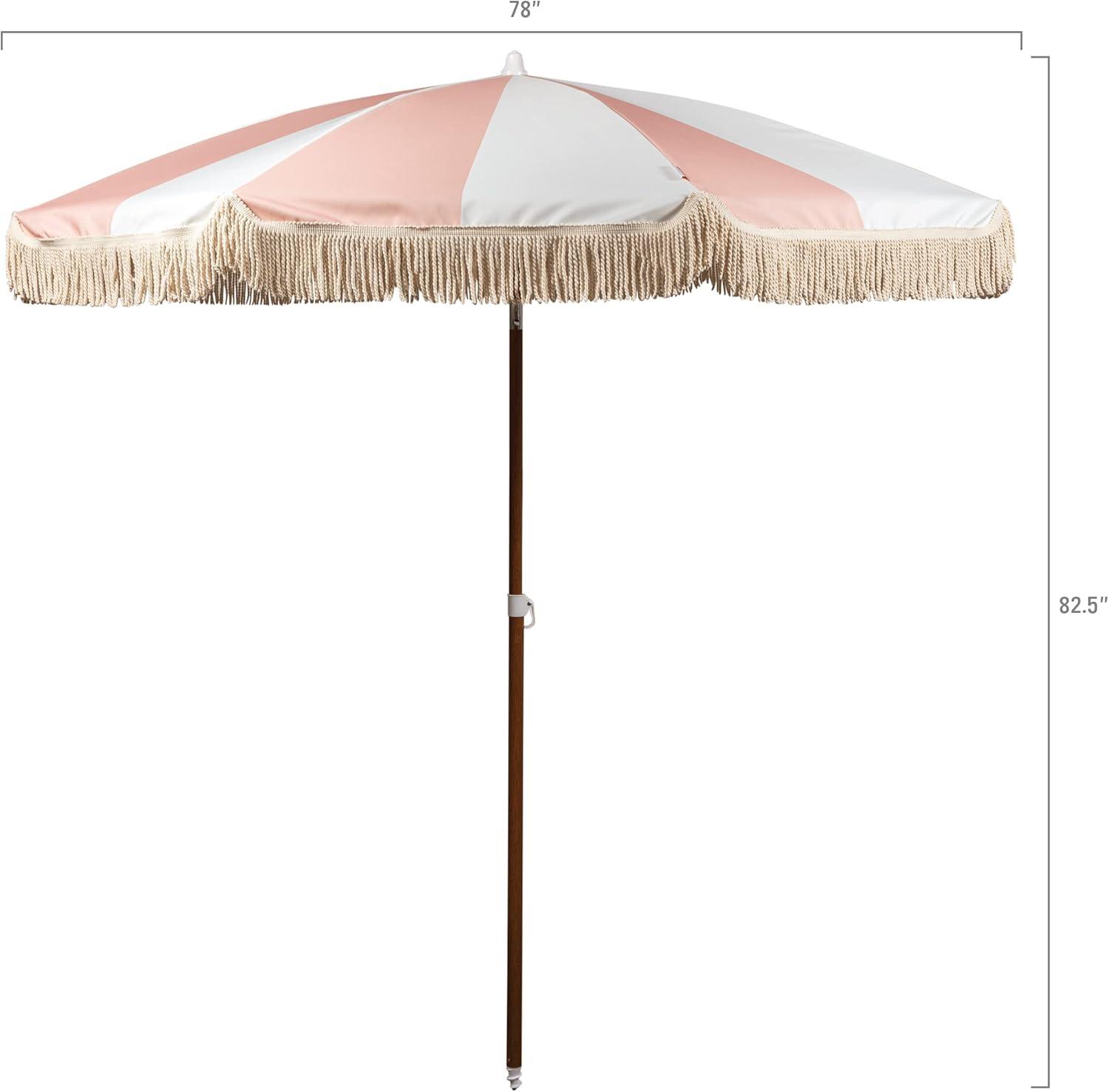 Summerland 6.5 ft Pink and White Striped Beach Umbrella with Fringe