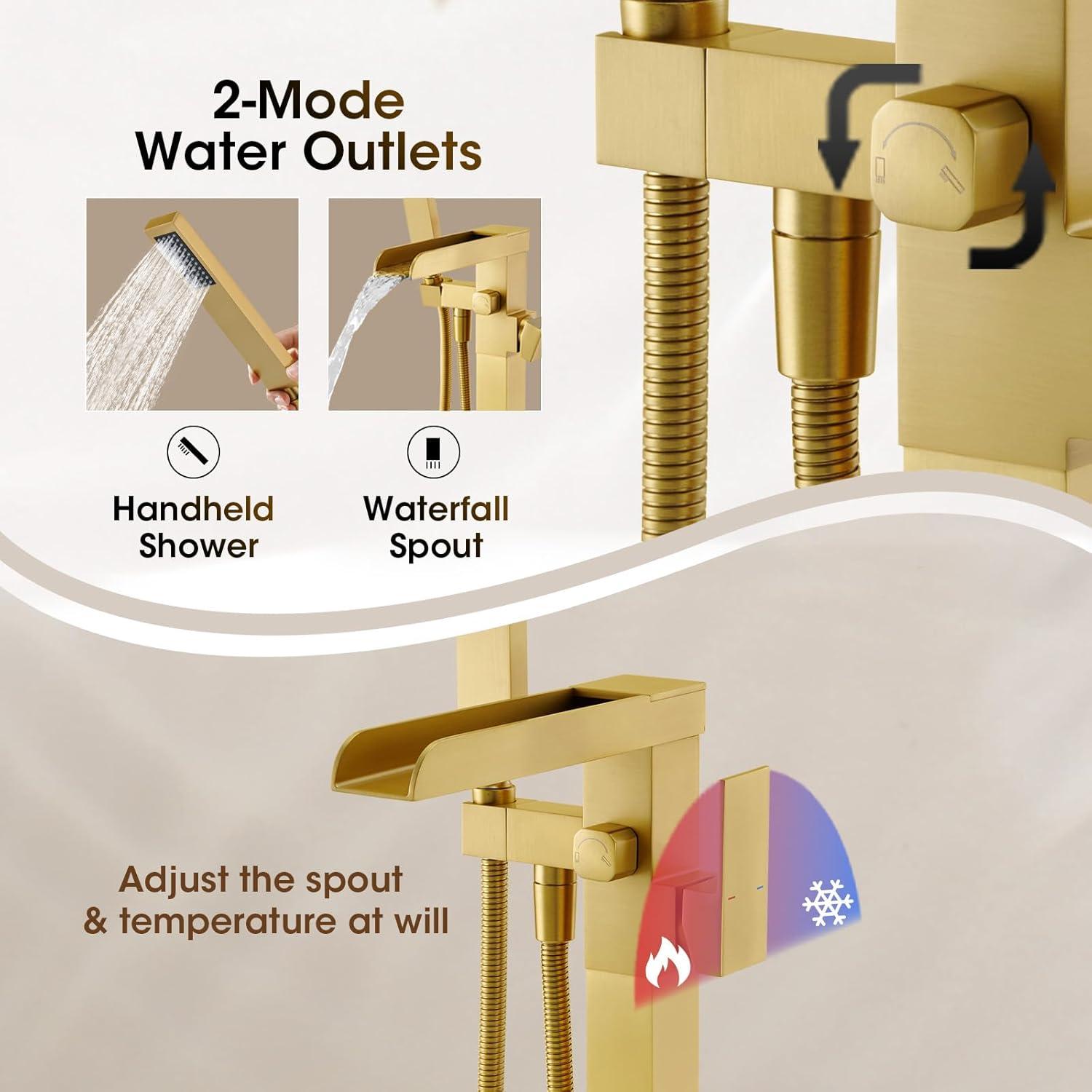 AlenArtWater Waterfall Tub Filler Freestanding Bathtub Faucet Floor Mount Brass Single Handle Bathroom Faucets with Hand Shower 94-LJQKCZ