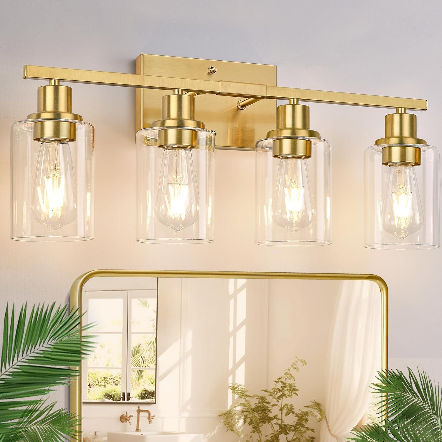 Gold 4-Light Modern Vanity Fixture with Clear Glass Shades