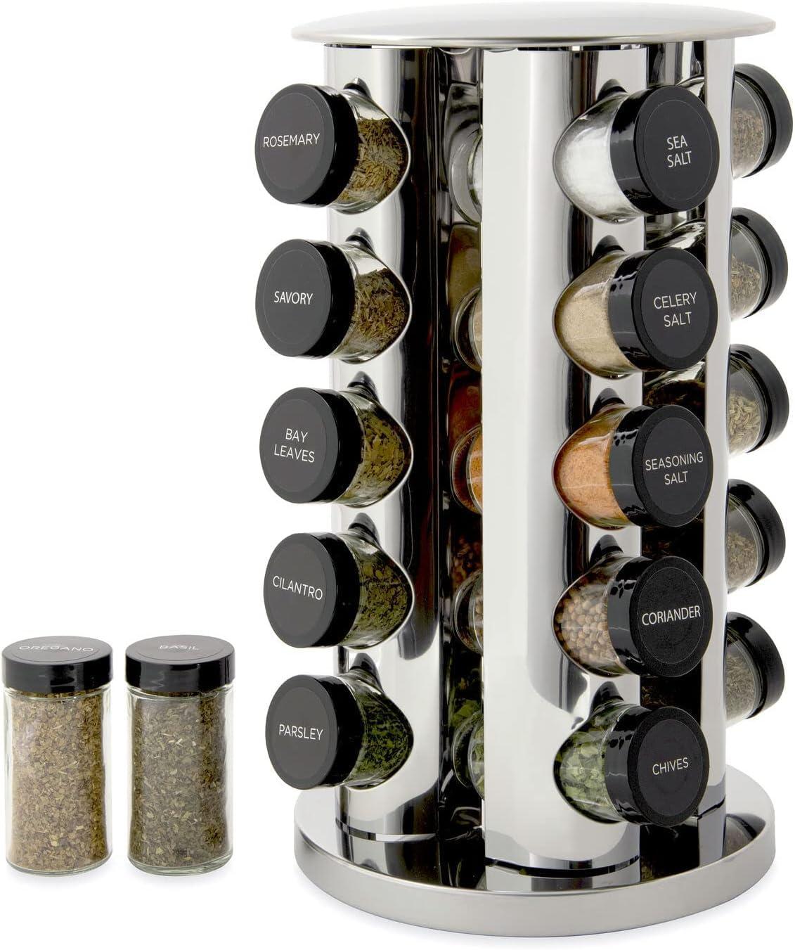 Polished Stainless Steel Revolving 20-Jar Countertop Spice Rack