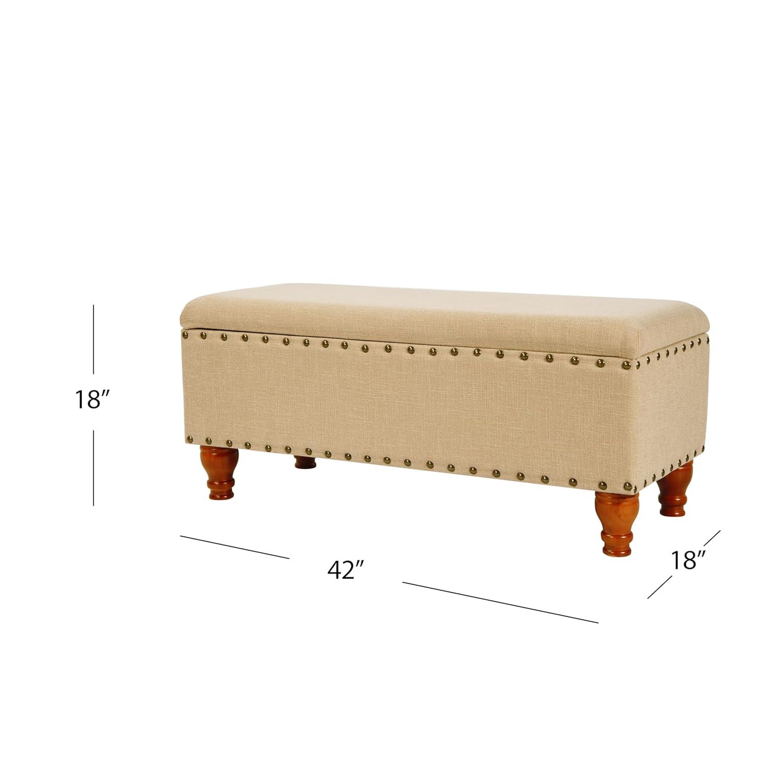 Large Storage Bench with Nailhead Tan - HomePop: Upholstered, Wood Legs, Hinged Lid
