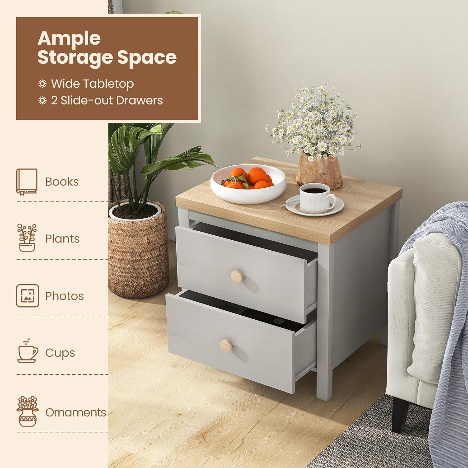 Giantex Night Stand with 2 Drawers, Farmhouse Bedside Table with Cute Round Knobs, Wooden Floor End Table with Rubber Wood Legs, Small Sofa Side Table for Small Space Kids Bedroom College, Grey