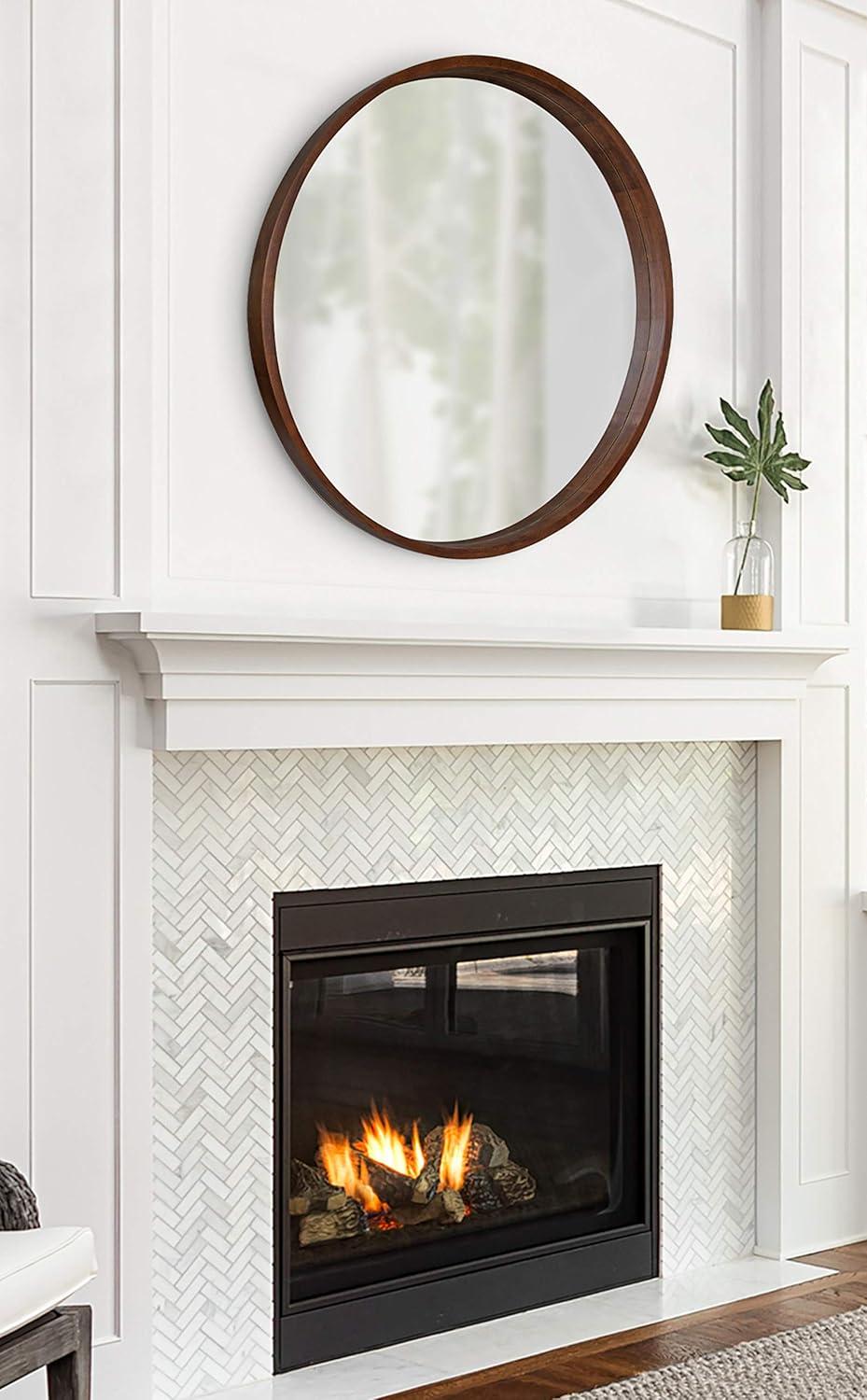 36" Hutton Round Wall Mirror Walnut Brown - Kate & Laurel All Things Decor: Modern Wood Frame, Wall Mount