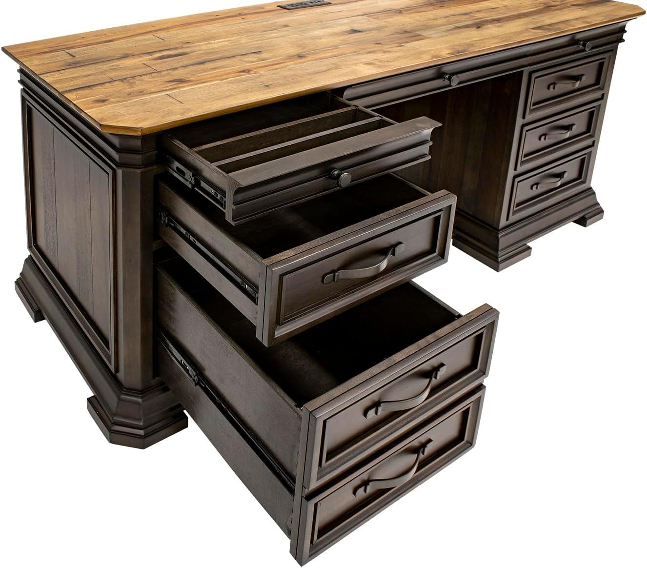 Executive Credenza Desk Writing Table With Solid Wood Plank Top Brown