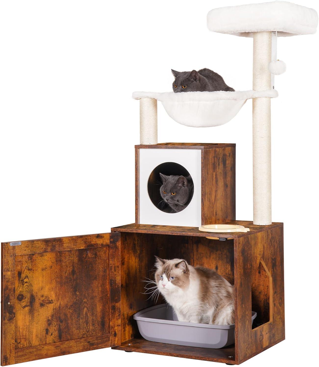 Wood Litter Box Enclosure with Food Station, All-in-one Indoor Cat Furniture with Large Platform and Condo