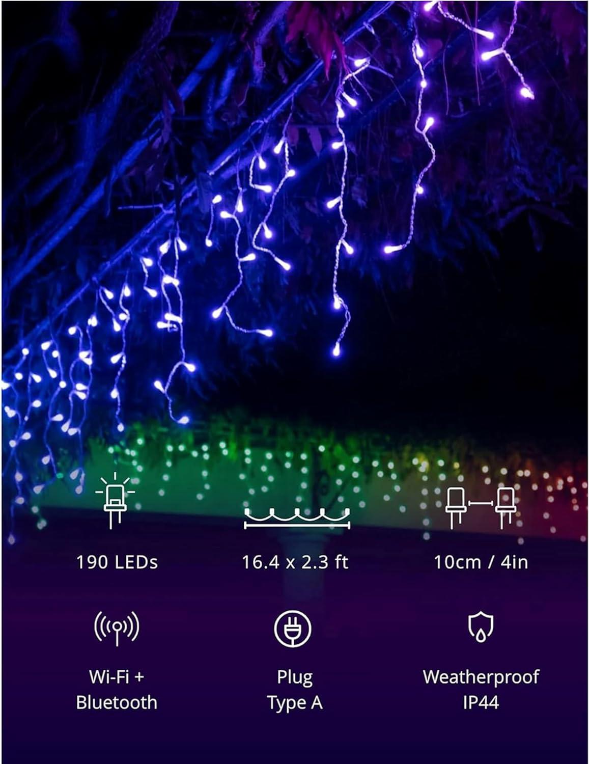 Twinkly Icicle App-Controlled LED Christmas Lights with 190 RGB (16 Million Colors) LEDs. Clear Wire. Indoor and Outdoor Smart Lighting Decoration