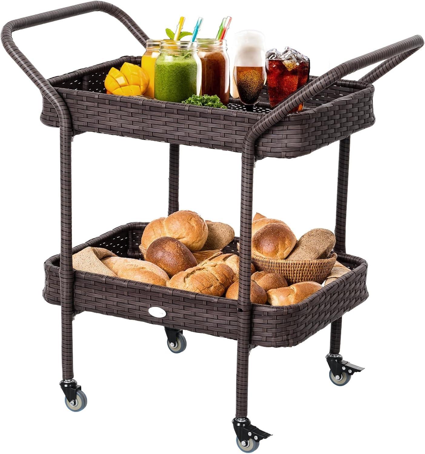 Outsunny Rattan Wicker Serving Cart with 2-Tier Open Shelf, Outdoor Wheeled Bar Cart with Brakes for Poolside, Garden, Patio