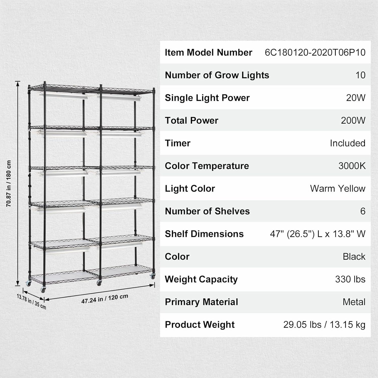 VEVOR Black Steel 6-Tier Plant Stand with Grow Light and Timer