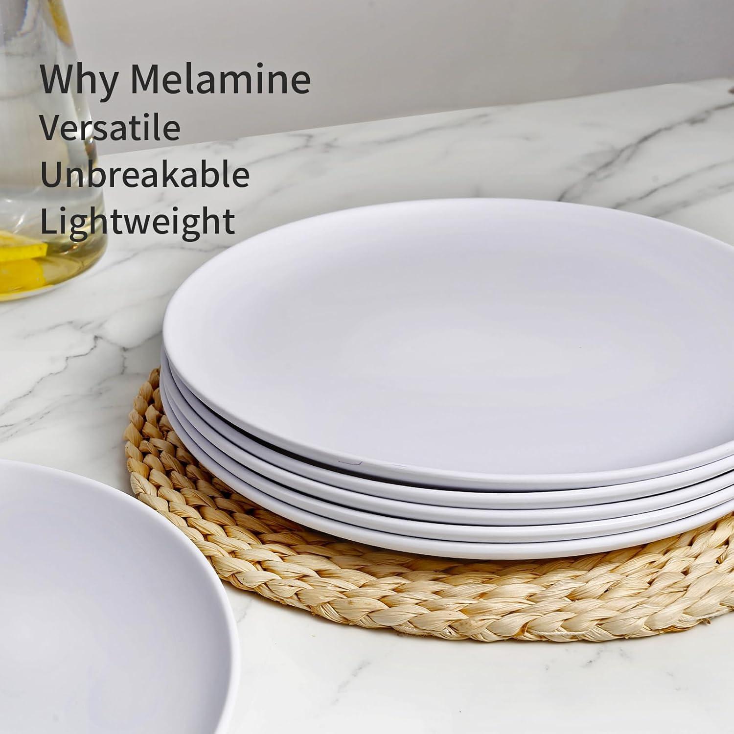 TP 10" Melamine Dinner Plates, 6-piece Plate Set Unbreakable Serving Dishes for Indoors and Outdoors, Dishwasher Safe, White