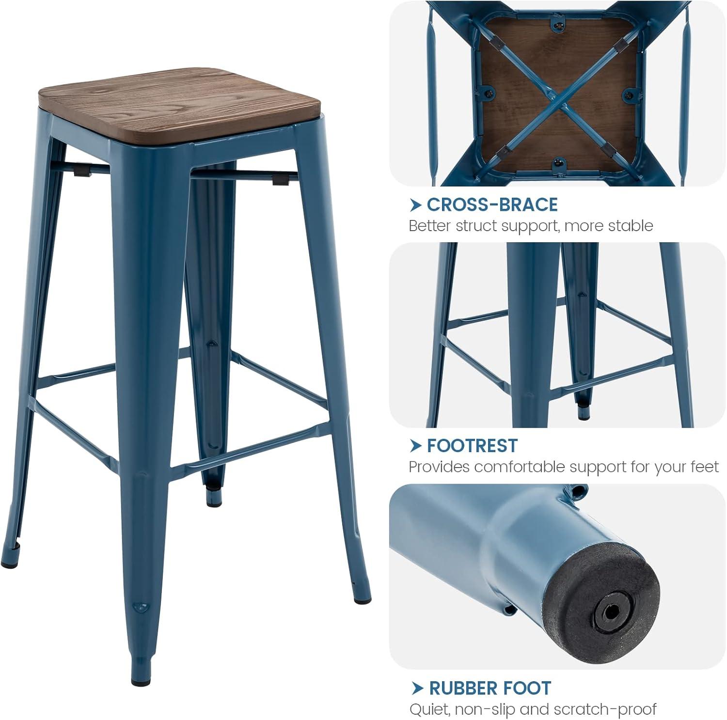 Deep Blue 30" Metal Bar Stools with Elm Wood Seat, Set of 2