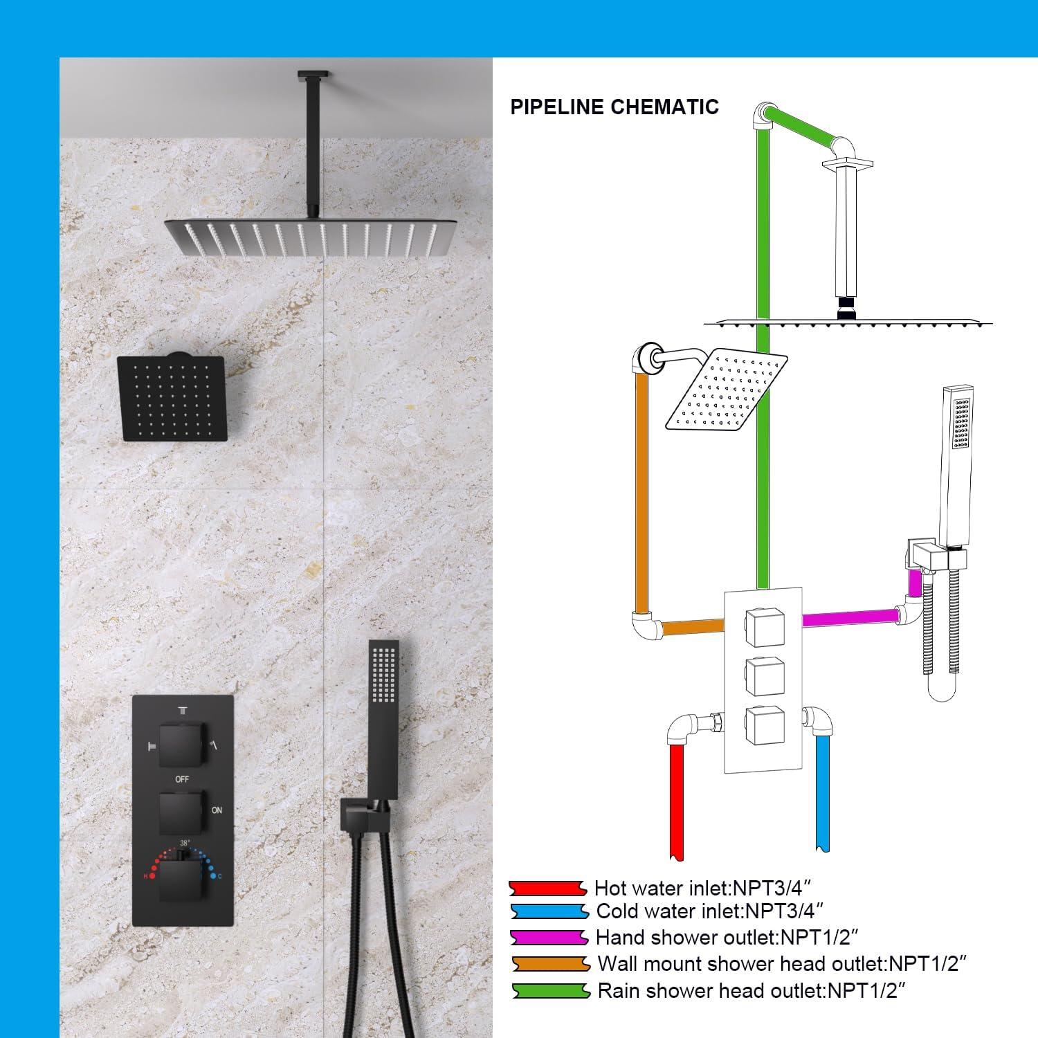 GRANDJOY 16 inch Complete Dual Shower Head System, Celling Mounted Shower Faucet Set with Hand Shower Head, Rough in-Valve, 6 Massage Body Jets - Matte Black