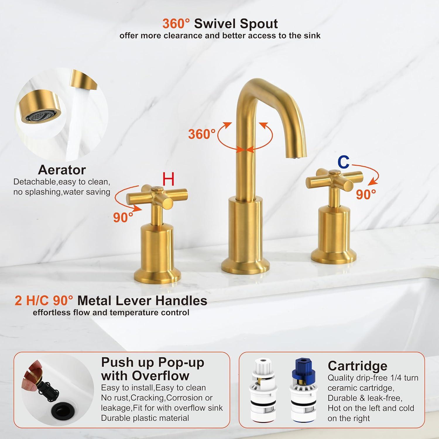 Brushed Gold 8-Inch Double Handle Widespread Bathroom Faucet