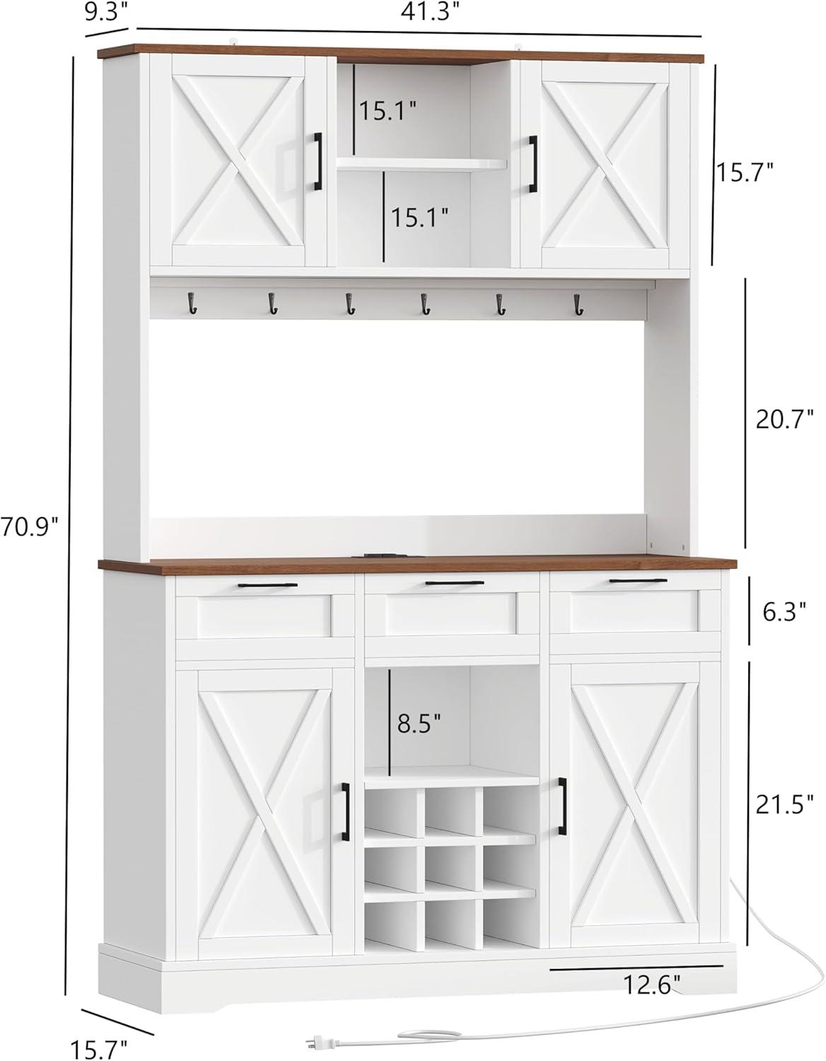 Rovaurx Farmhouse Kitchen Pantry with Microwave Shelf, 70.9" Tall Kicthen Houtch with Charging Station, Wooden Floor Pantry Storage Cabinet, Barn Doors and Adjustable Shelves, White KBG007WE