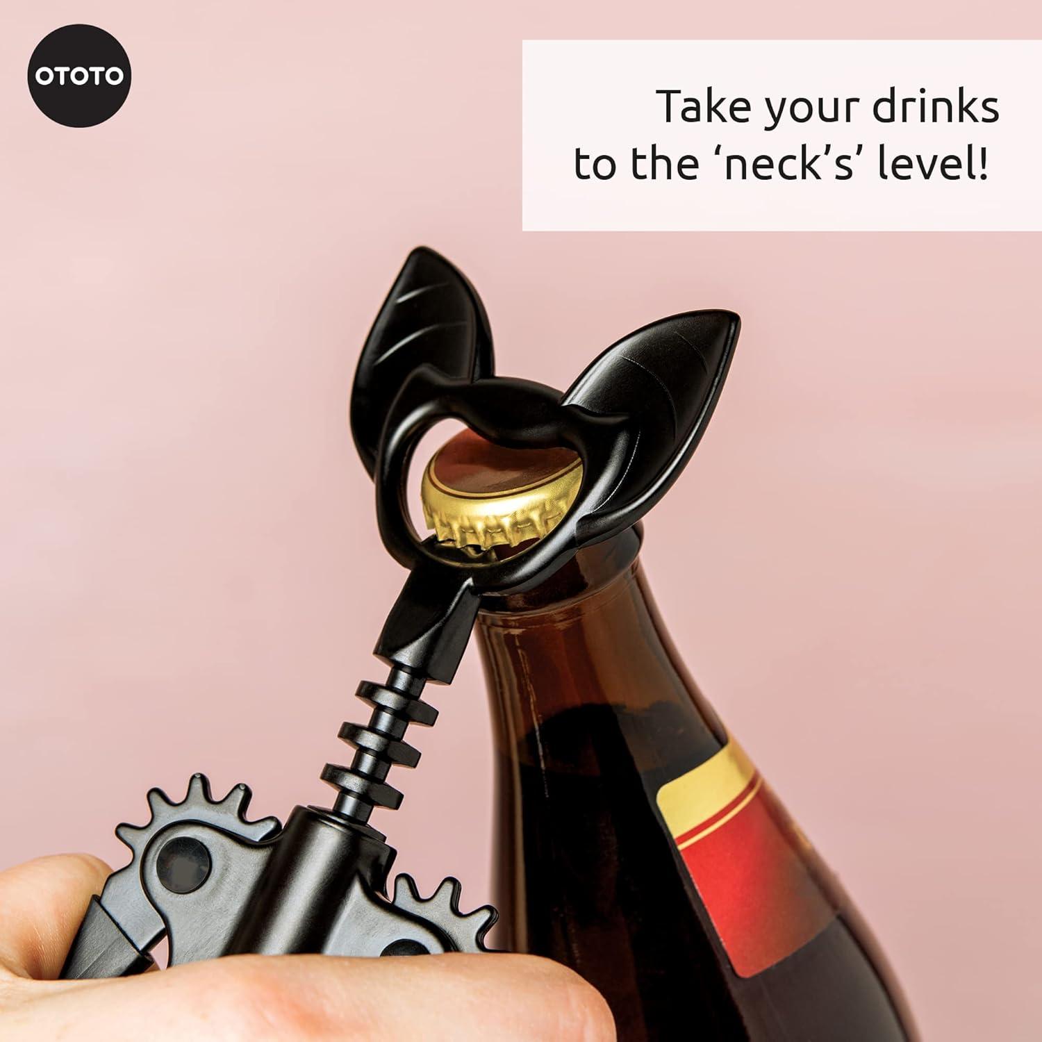 Ototo Vino Corkscrew and Bottle Opener: Silicone & Metal, Hand Wash, Black, 6.6" Length, 1.69" Width