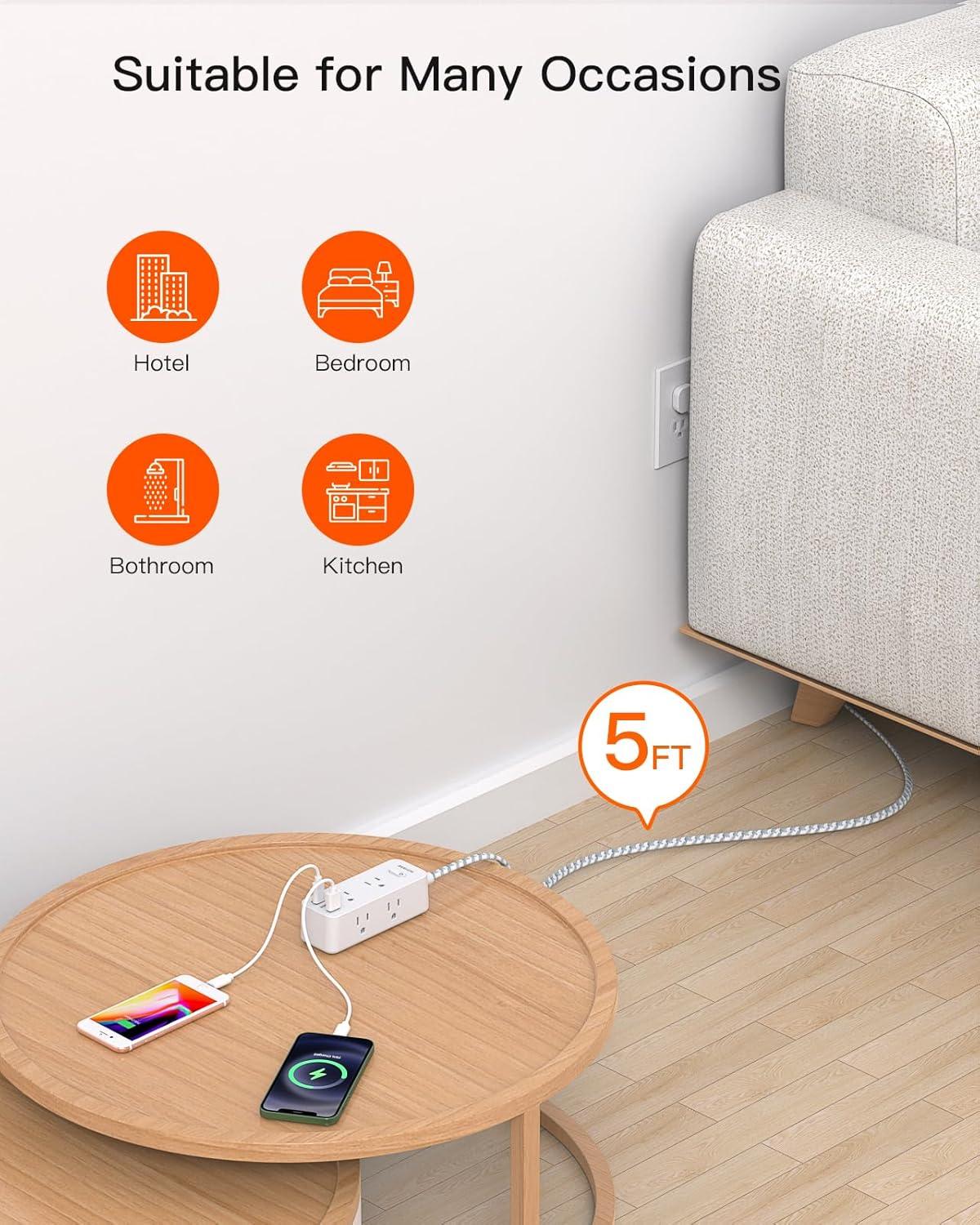 White 5ft Power Strip with 6 Outlets and 3 USB Ports