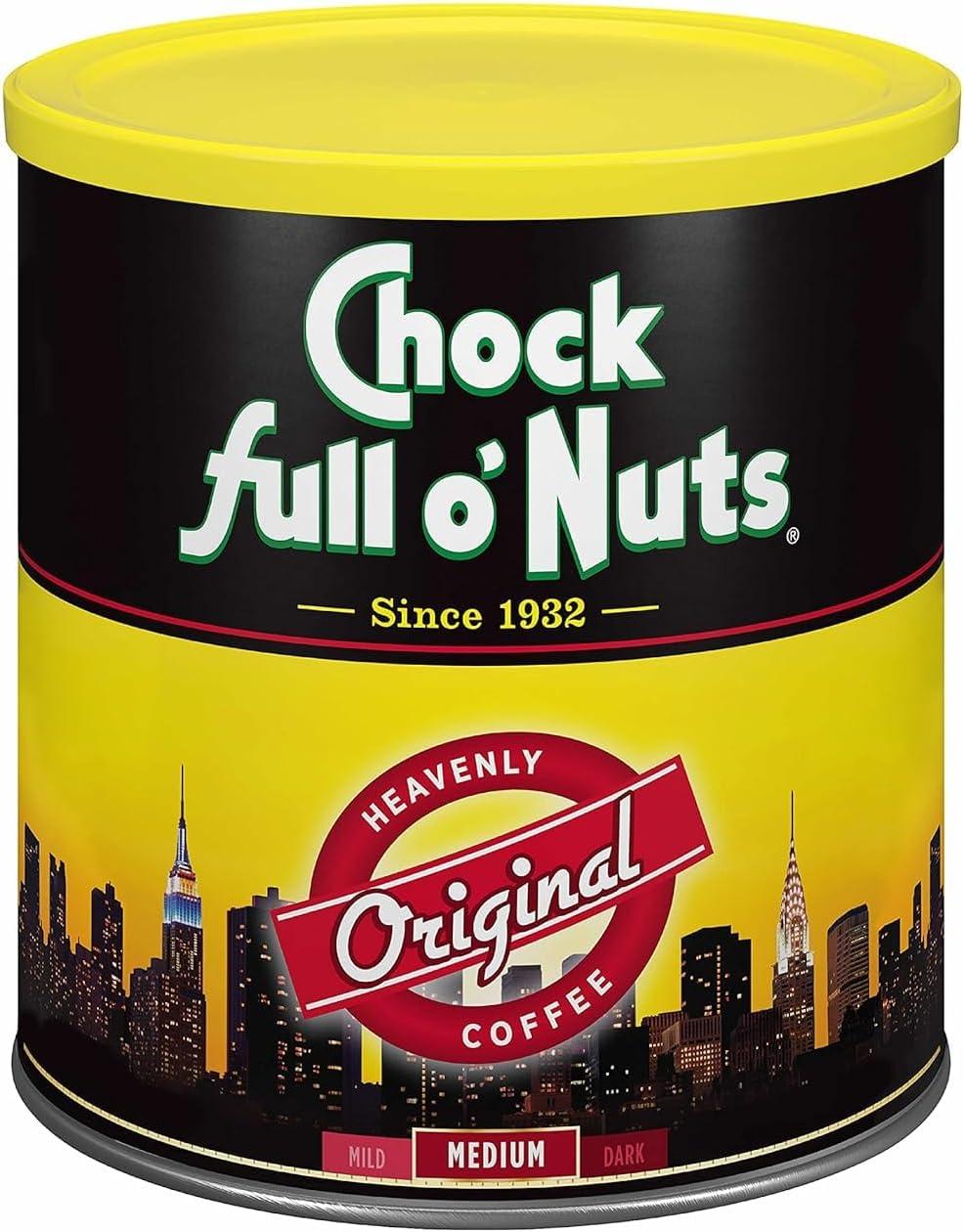 Chock Full o’Nuts Original Roast, Medium Roast Ground Coffee – Gourmet Coffee Beans – Smooth, Full-Bodied and Rich Coffee (30.5 Oz. Can)