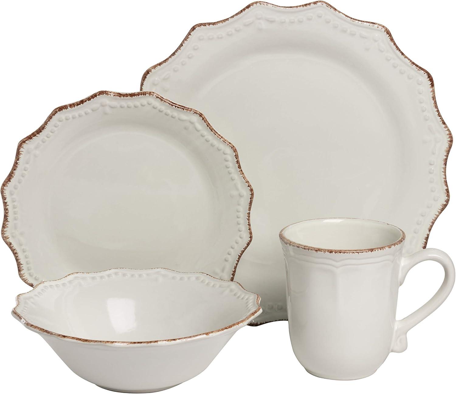 Oxford Cream Ceramic 24-Piece Dinnerware Set with Beaded Edging