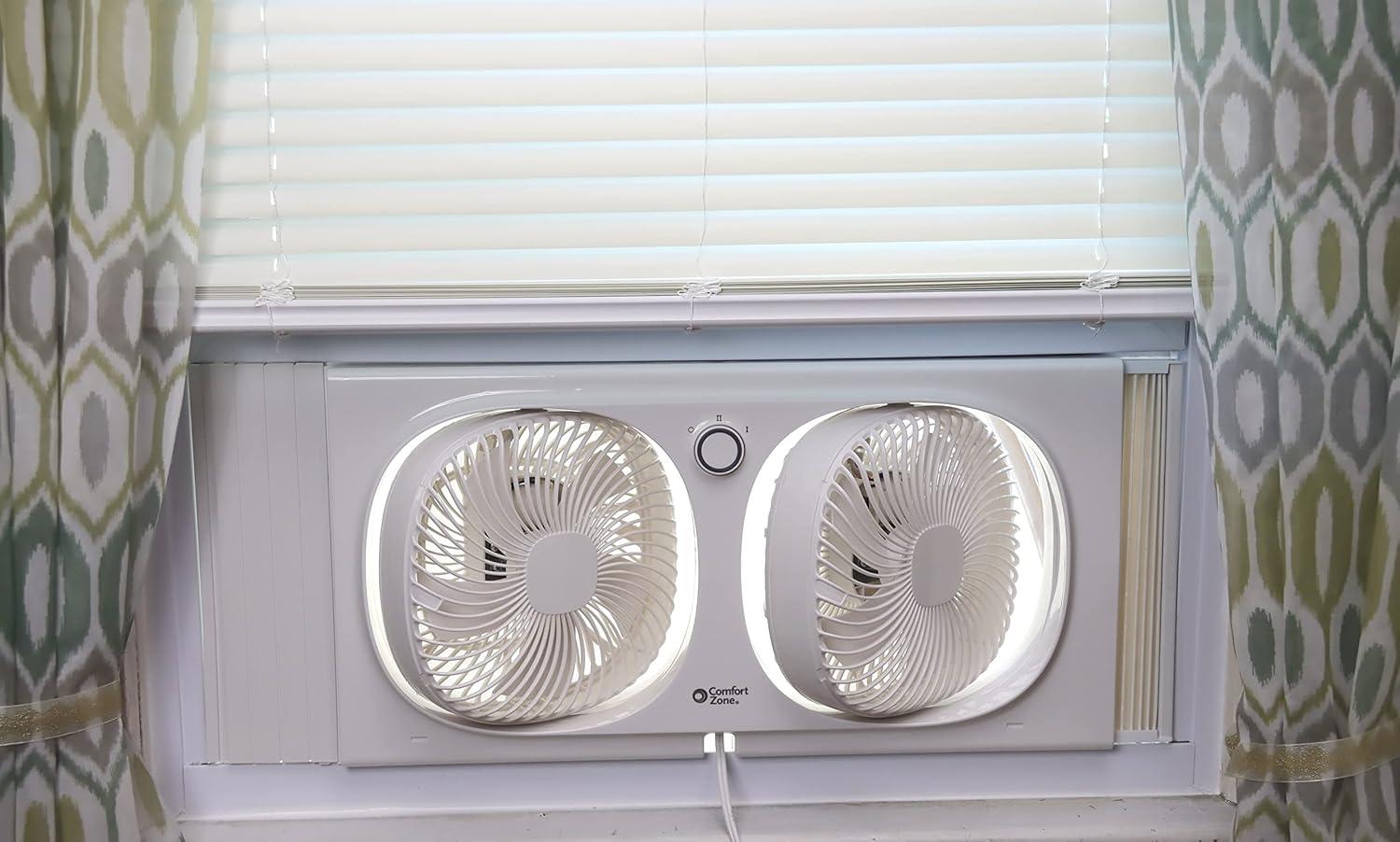 Comfort Zone 9" Twin Window Fan, 2 Speeds, Rotating Heads, Bug Screen