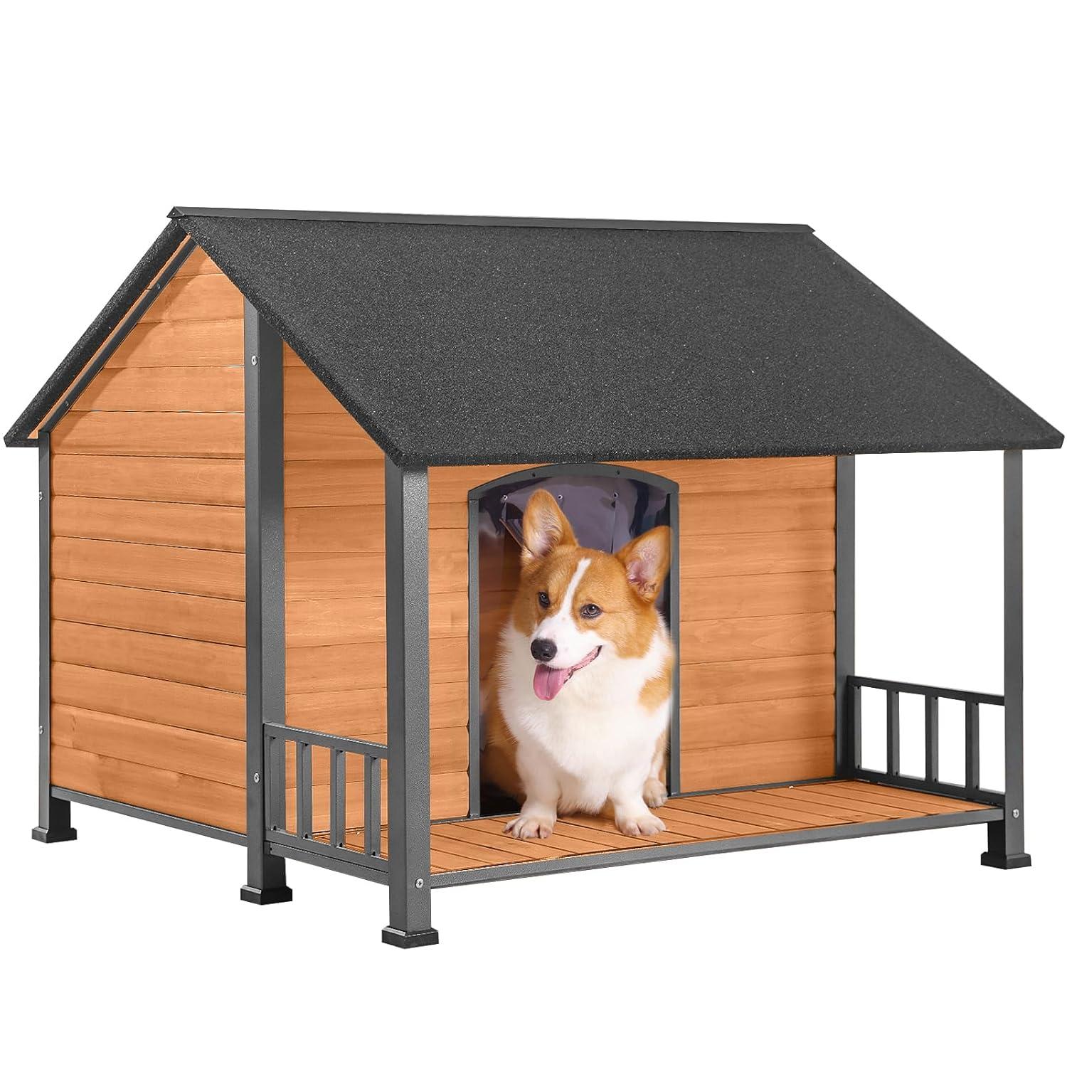 Aivituvin Weatherproof Dog House with Iron Frame| Extended Asphalt Roof|Spacious Balcony-AIR7010
